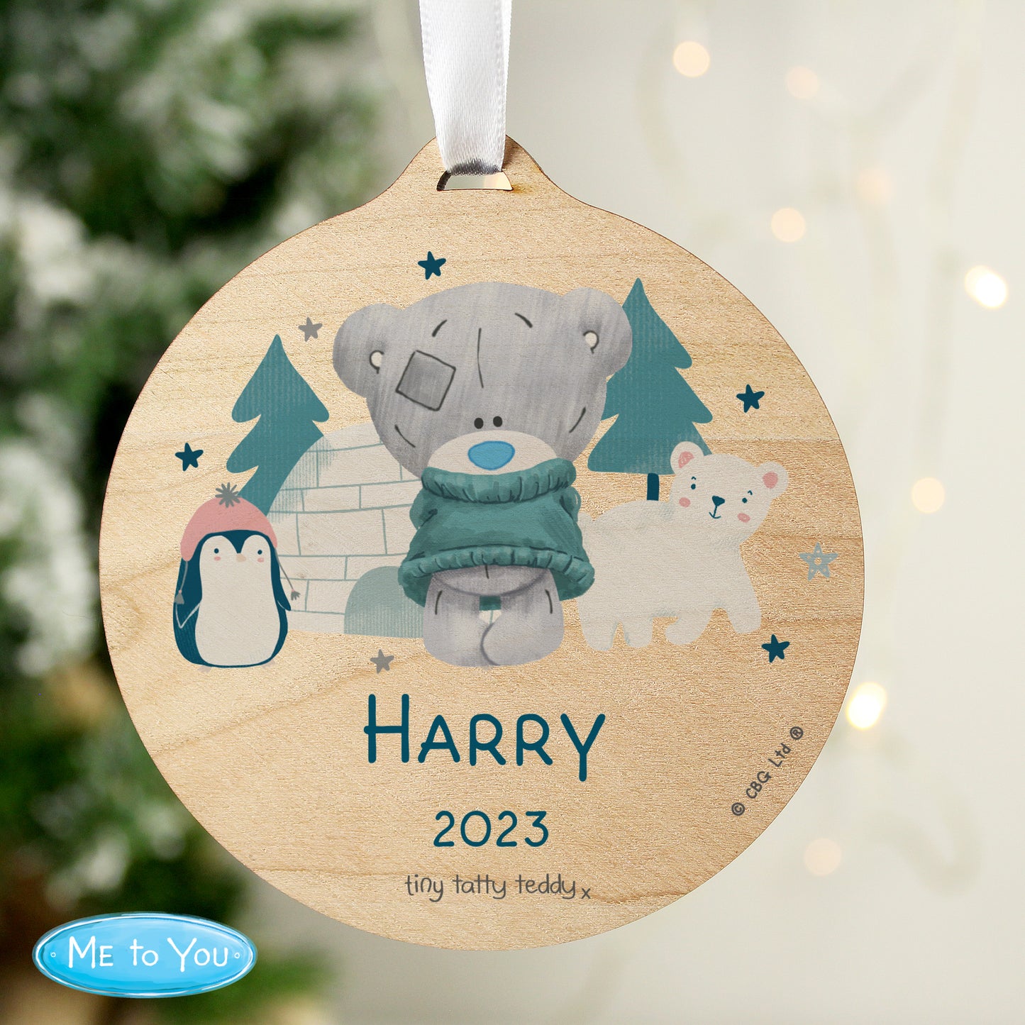 Personalised Winter Explorer Tiny Tatty Teddy Round Wooden Decoration - MK&JD Gifts