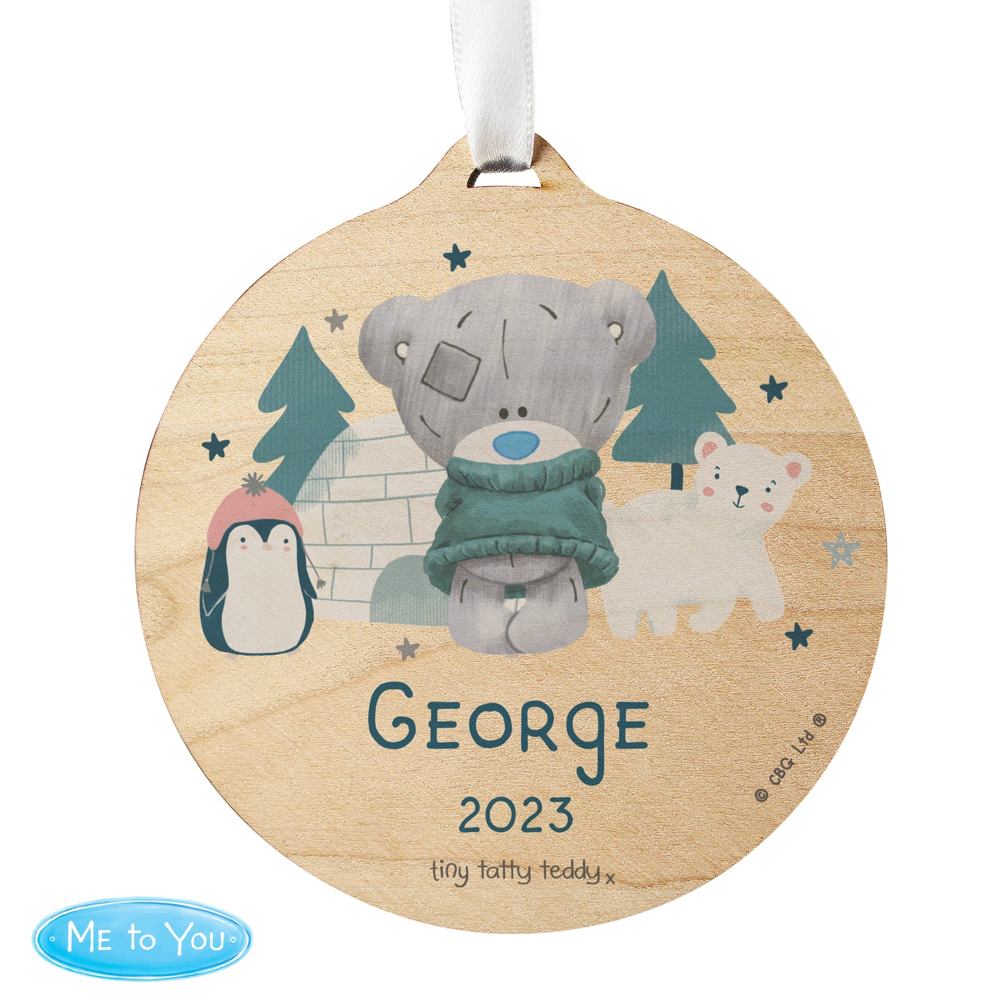 Personalised Winter Explorer Tiny Tatty Teddy Round Wooden Decoration - MK&JD Gifts