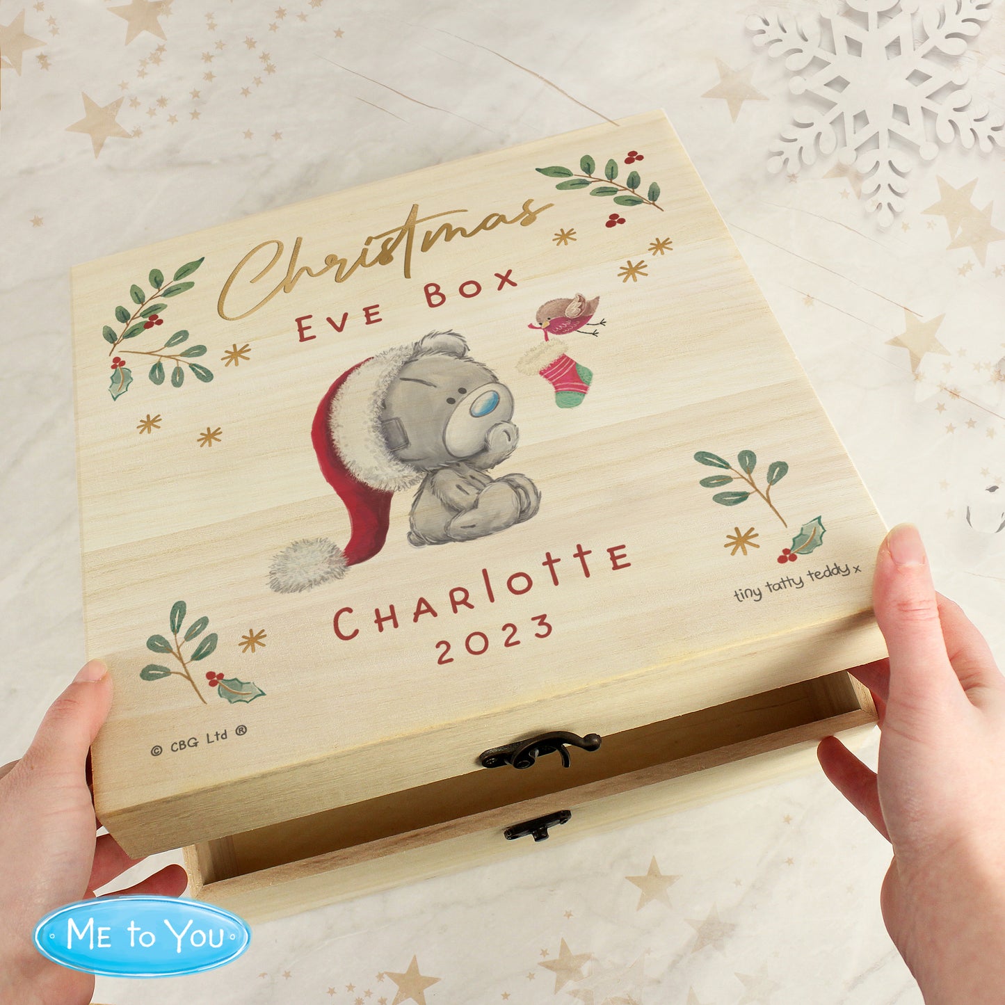 Personalised Winter Christmas Eve Tiny Tatty Teddy Large Wooden Keepsake Box - MK&JD Gifts