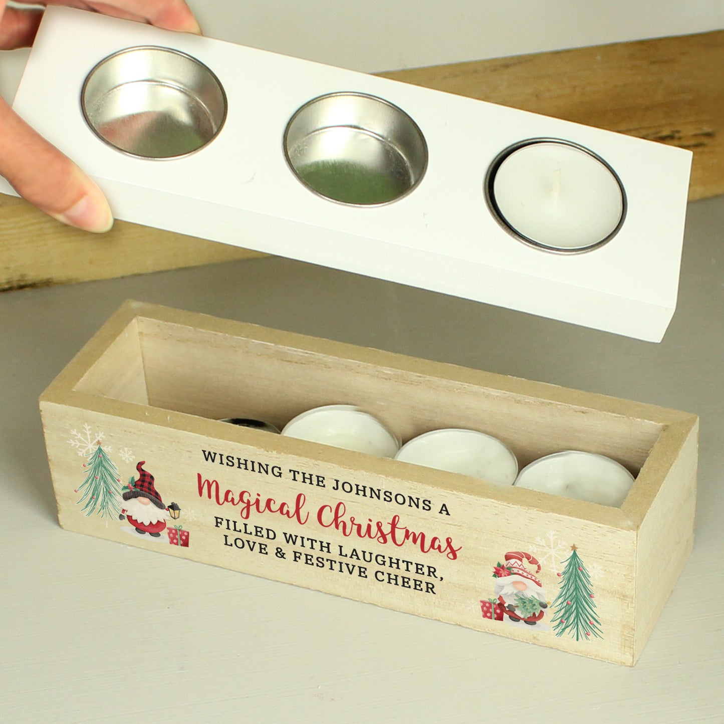 Personalised Christmas Gonk Triple Tea Light Box - MK&JD Gifts