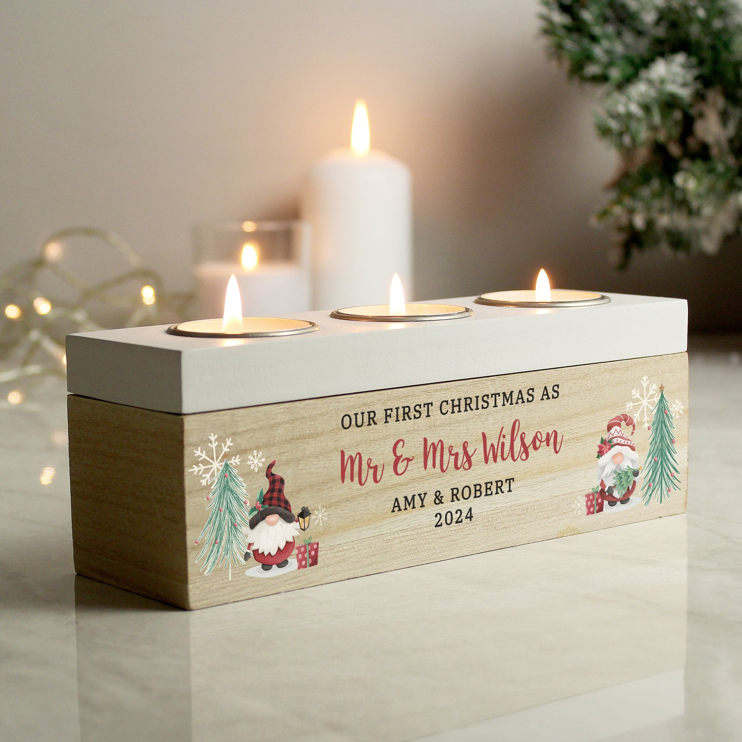 Personalised Christmas Gonk Triple Tea Light Box - MK&JD Gifts