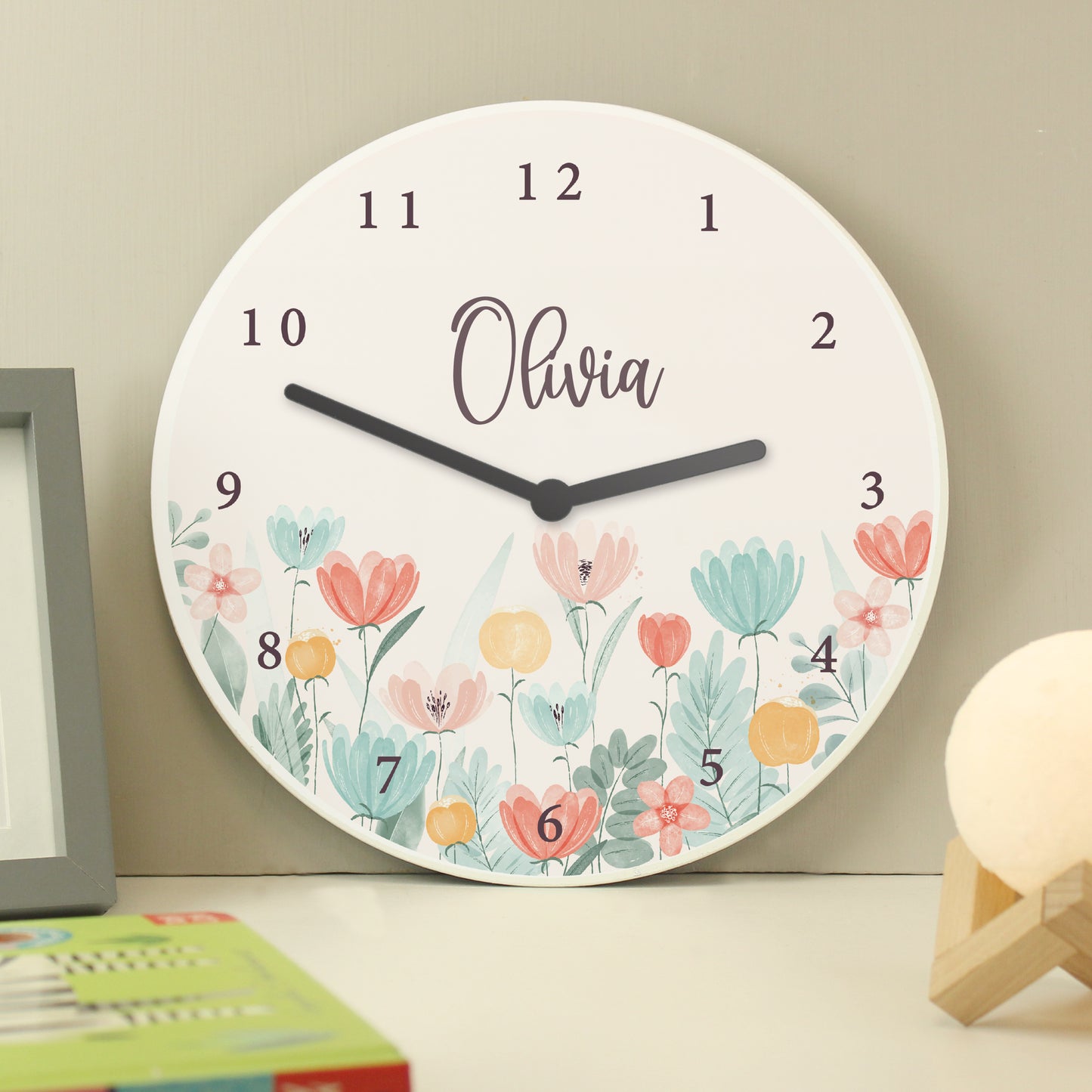 Personalised Floral Wooden Childrens Clock - MK&JD Gifts