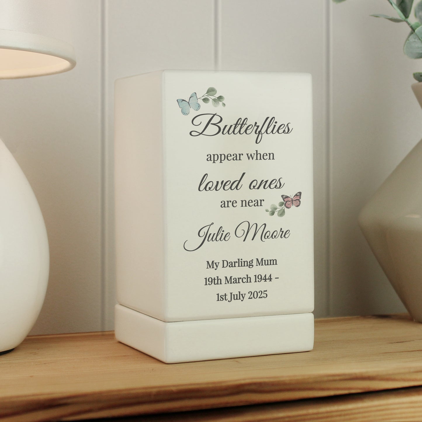 Personalised Butterflies Appear Small Wooden Urn - MK&JD Gifts