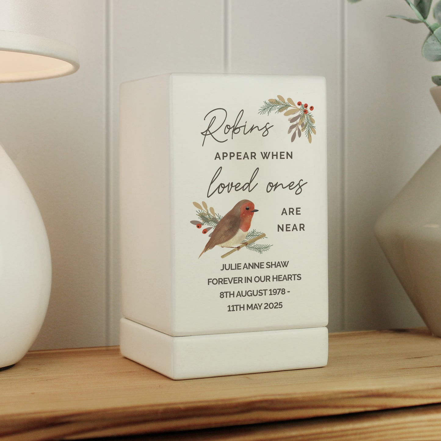 Personalised Robins Appear Small Wooden Urn - MK&JD Gifts