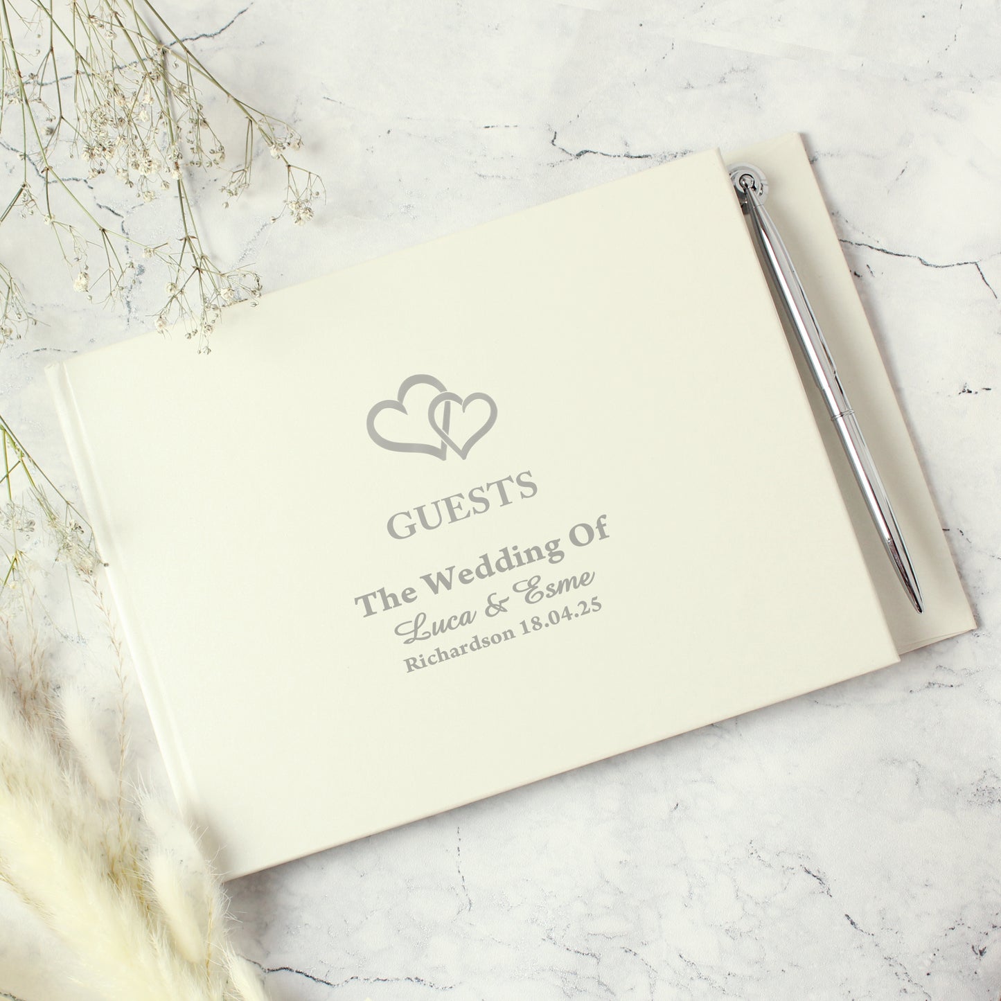 Personalised Hearts Design Hardback Guest Book & Pen - MK&JD Gifts
