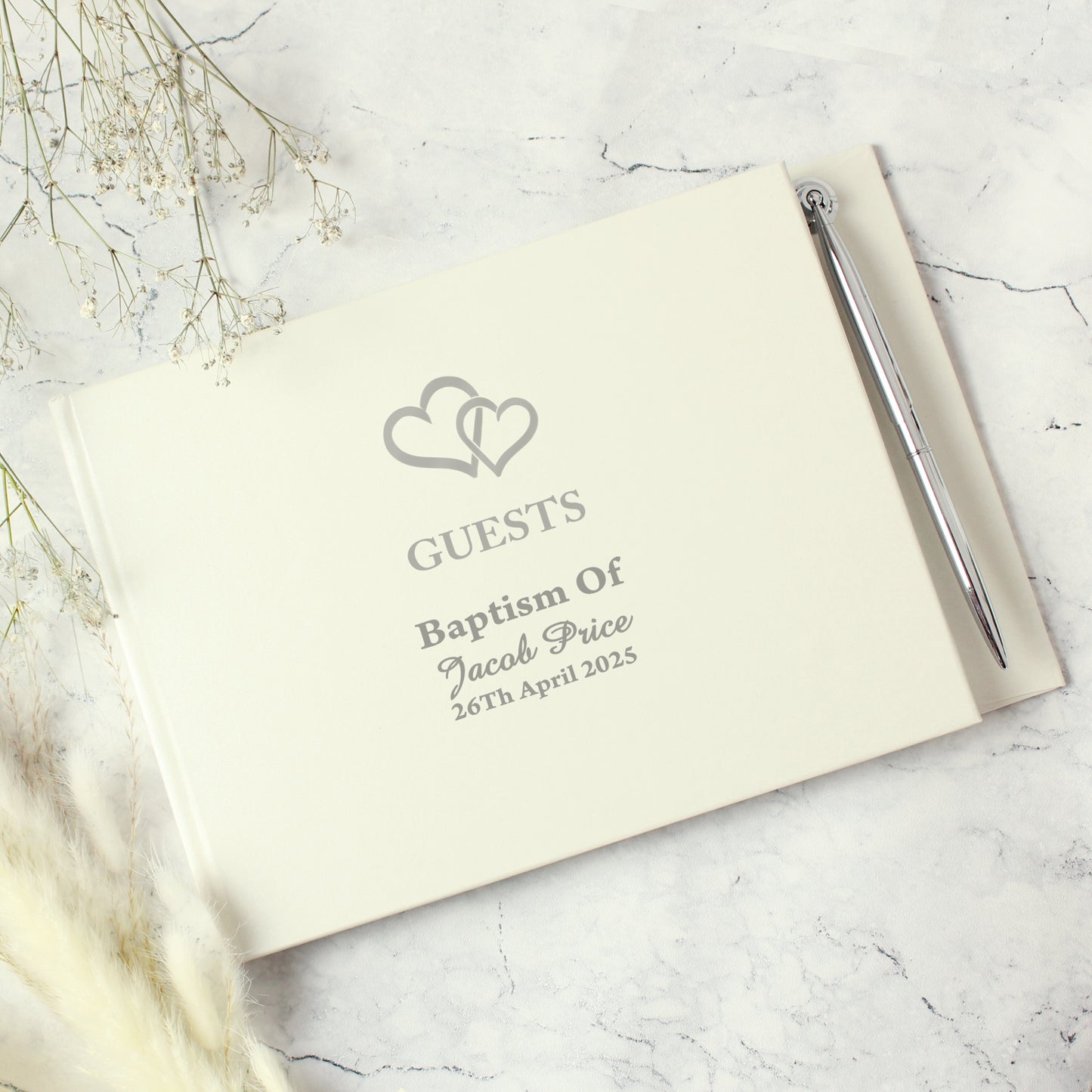 Personalised Hearts Design Hardback Guest Book & Pen - MK&JD Gifts