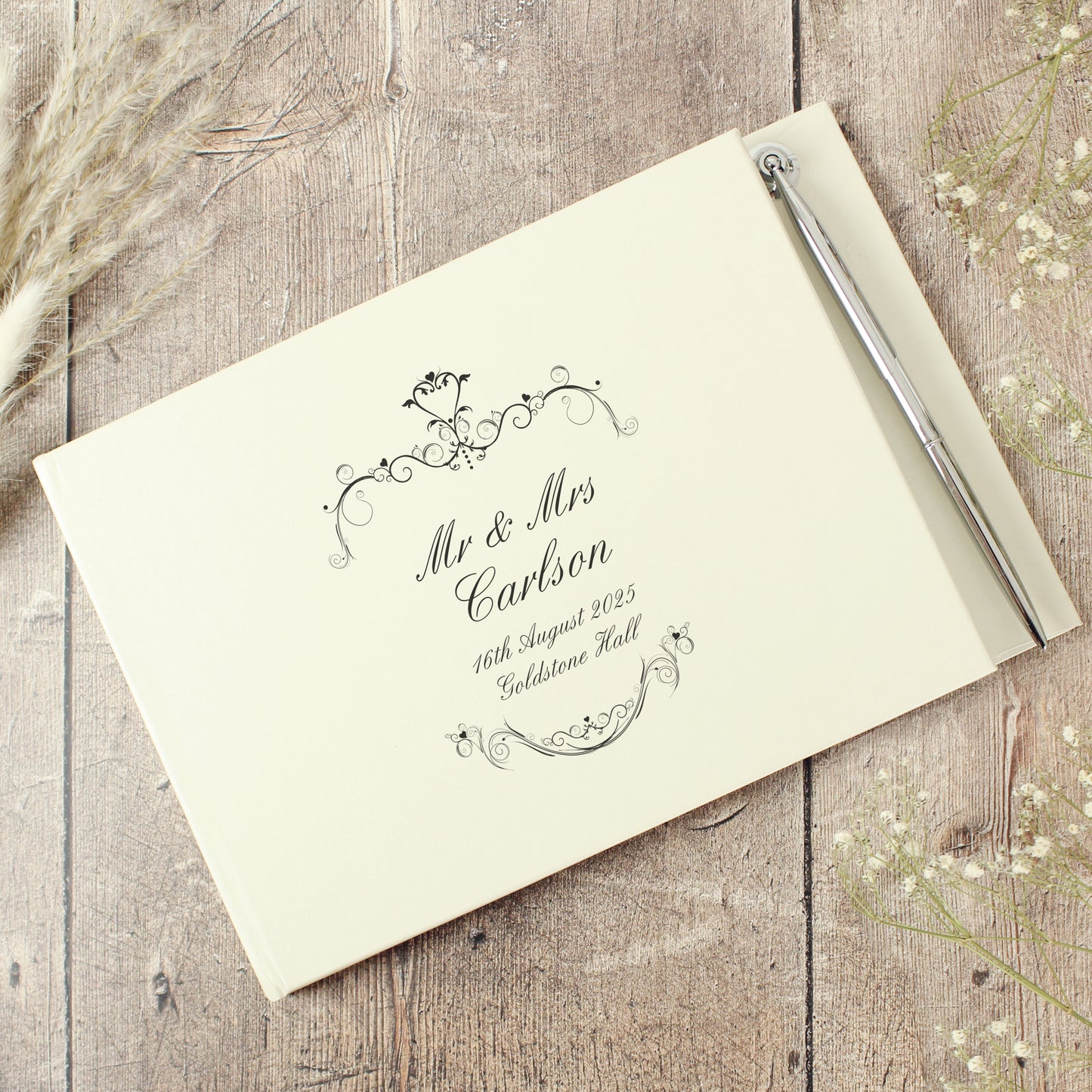 Personalised Ornate Swirl Hardback Guest Book & Pen - MK&JD Gifts