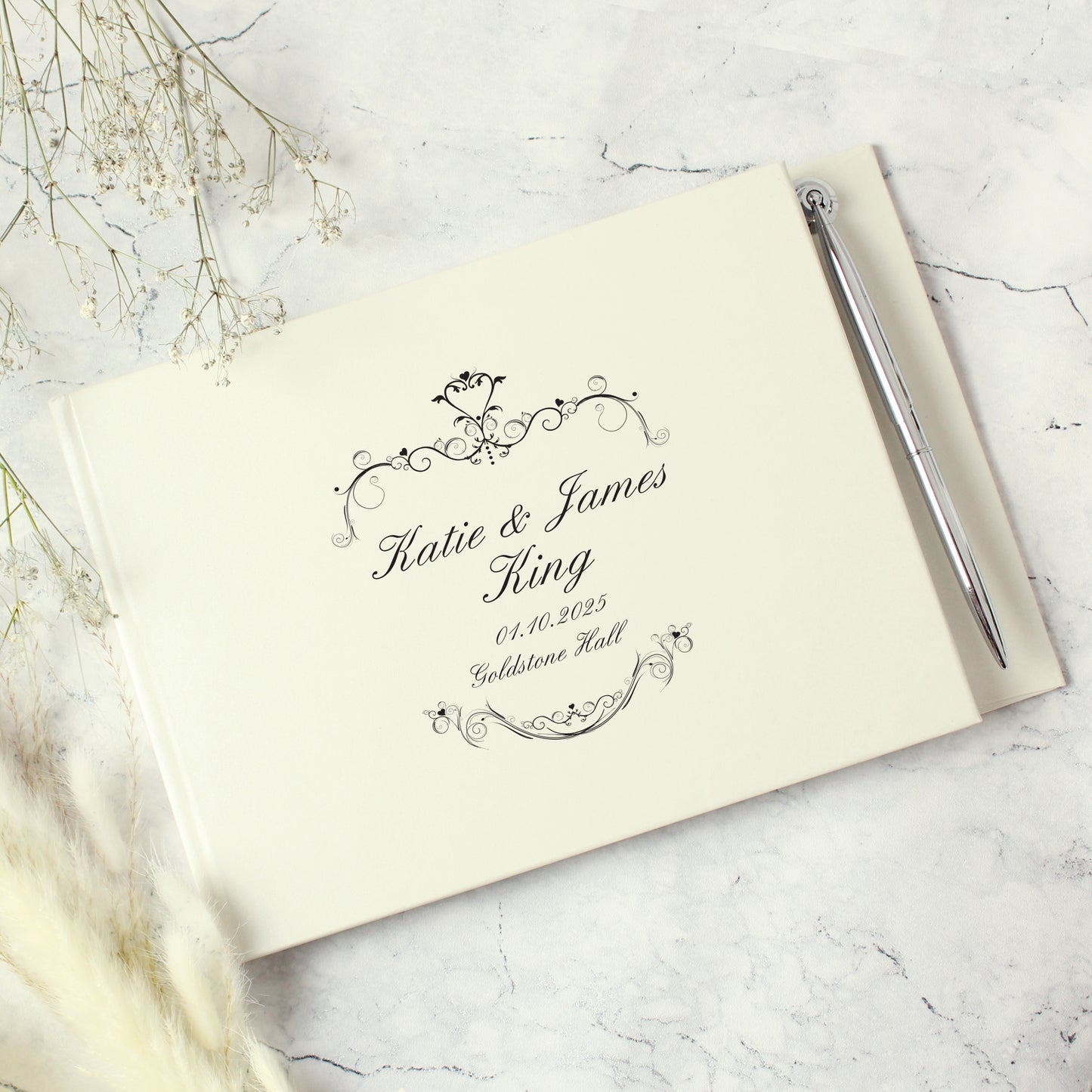 Personalised Ornate Swirl Hardback Guest Book & Pen - MK&JD Gifts
