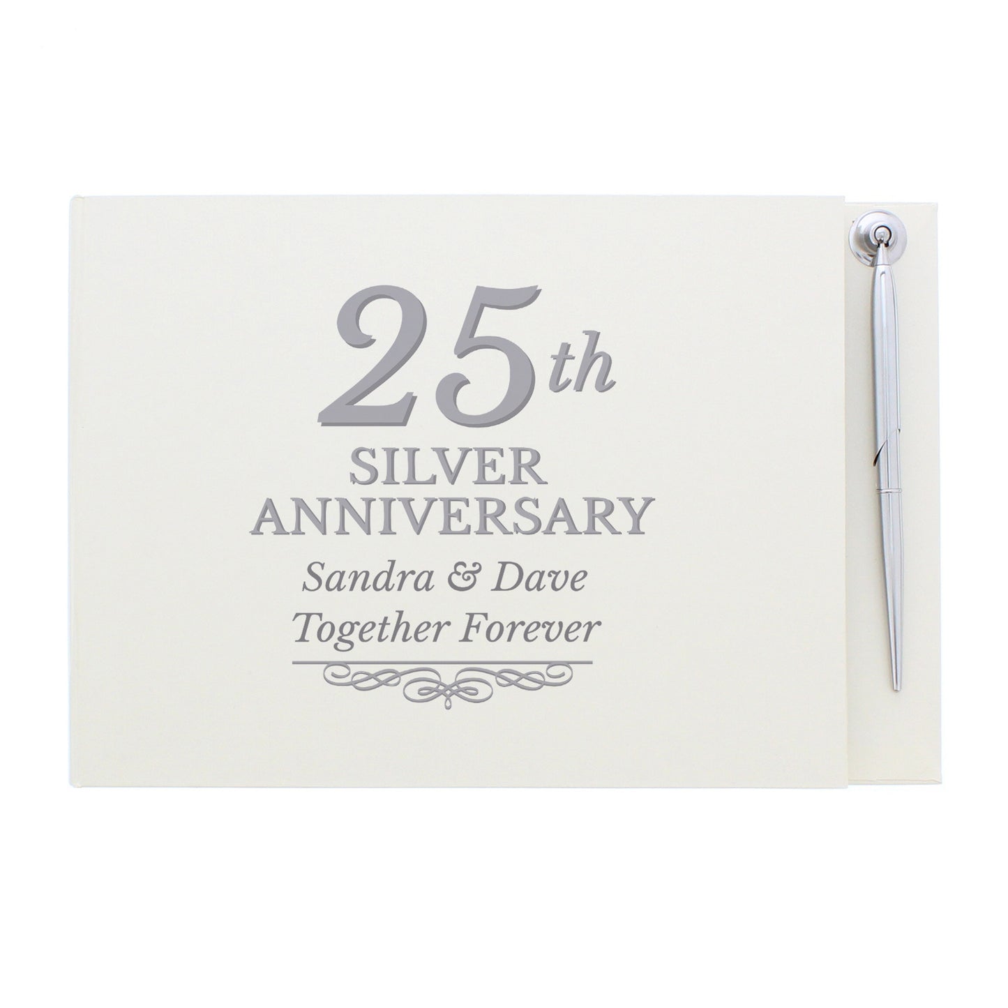 Personalised 25th Silver Anniversary Hardback Guest Book & Pen - MK&JD Gifts