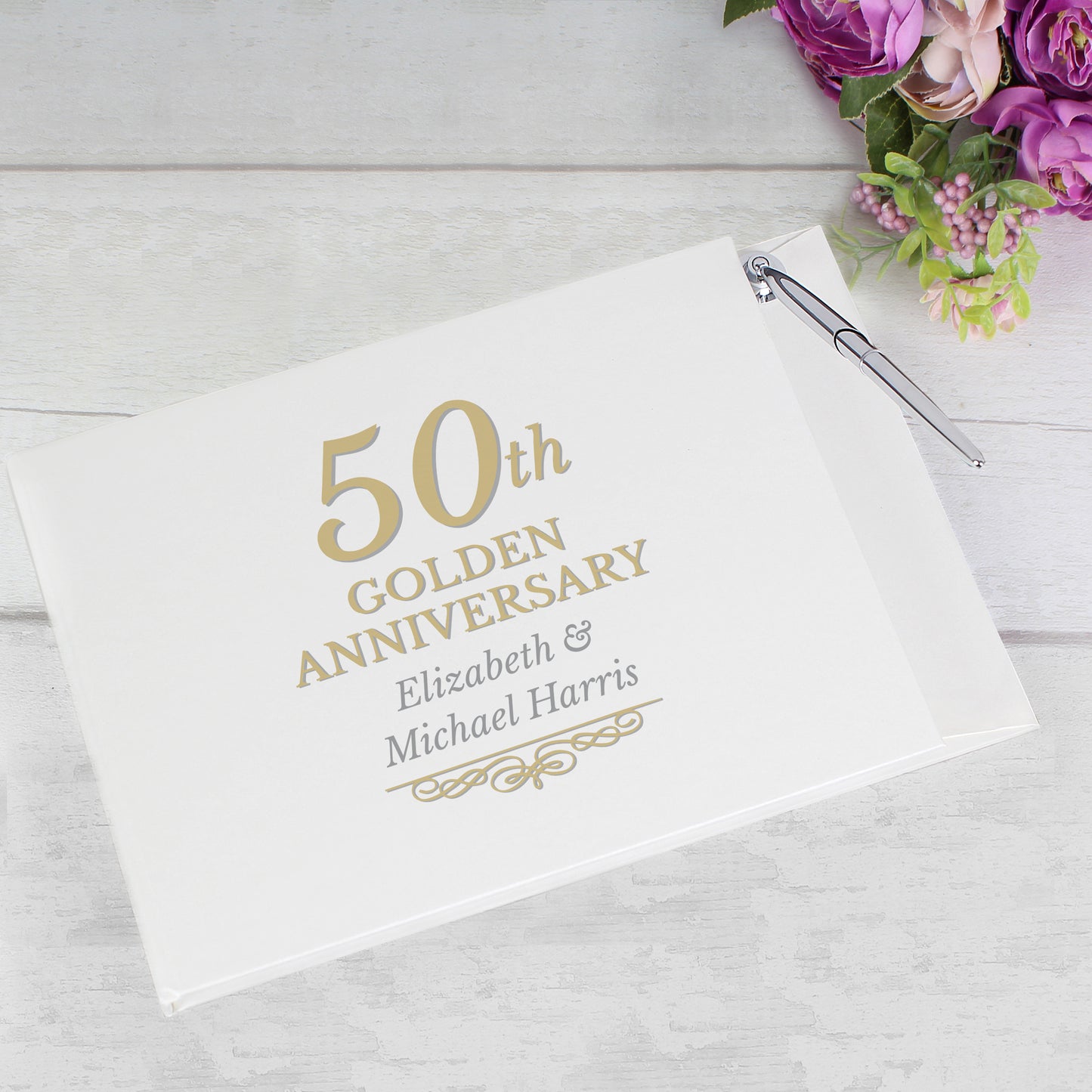 Personalised 50th Golden Anniversary Hardback Guest Book & Pen - MK&JD Gifts