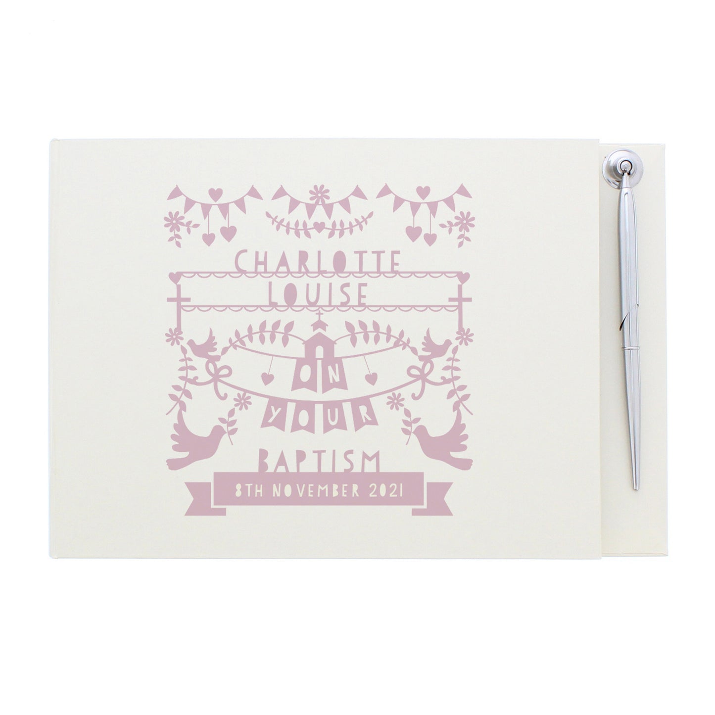 Personalised Pink Papercut Style Hardback Guest Book & Pen - MK&JD Gifts