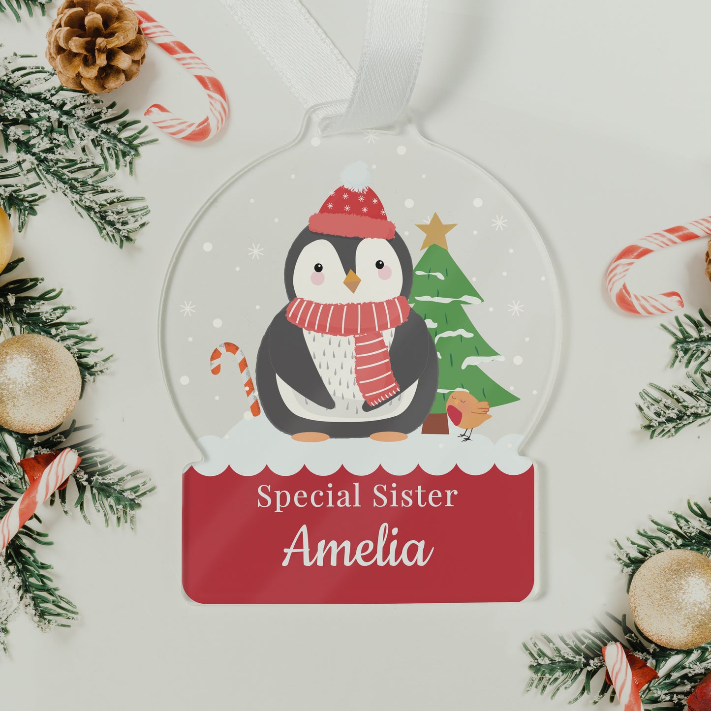 Personalised Penguin Acrylic Snowglobe Decoration - MK&JD Gifts