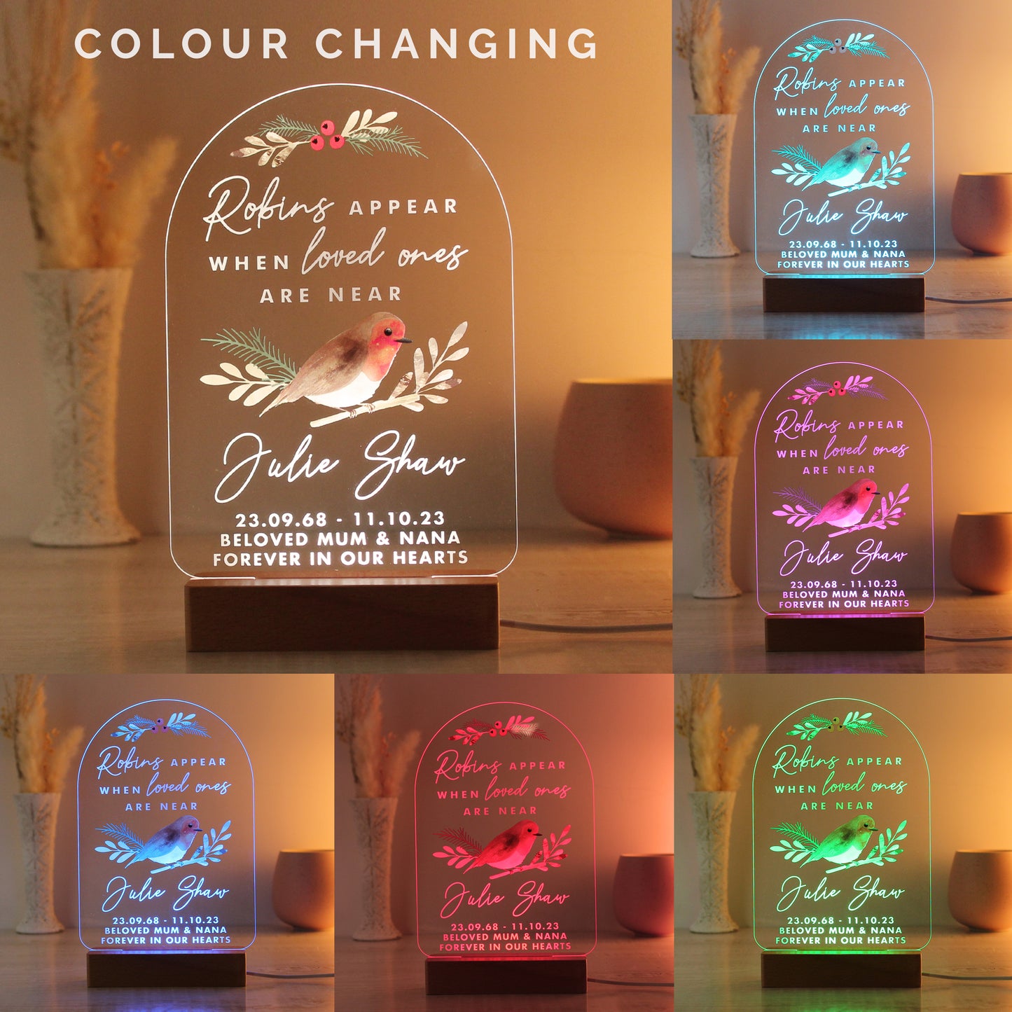 Personalised Robins Appear Wooden Based LED Light - MK&JD Gifts