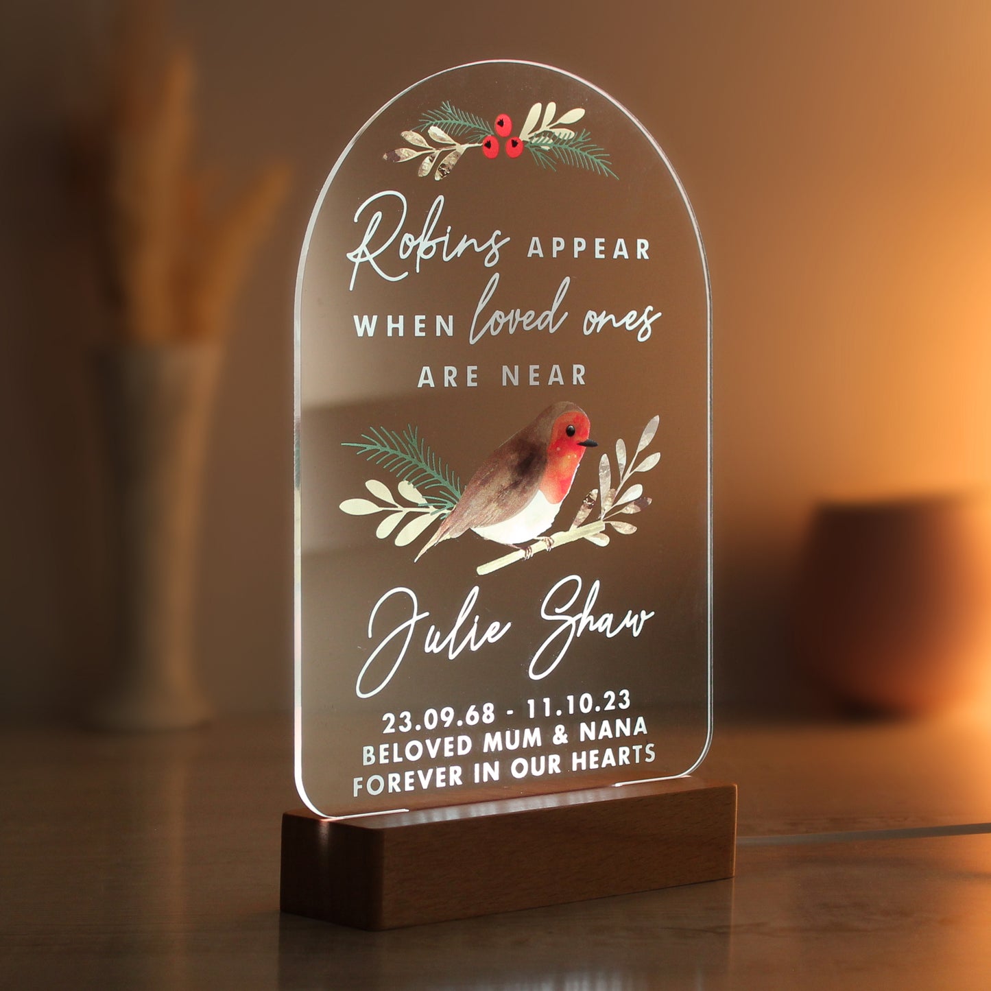 Personalised Robins Appear Wooden Based LED Light - MK&JD Gifts