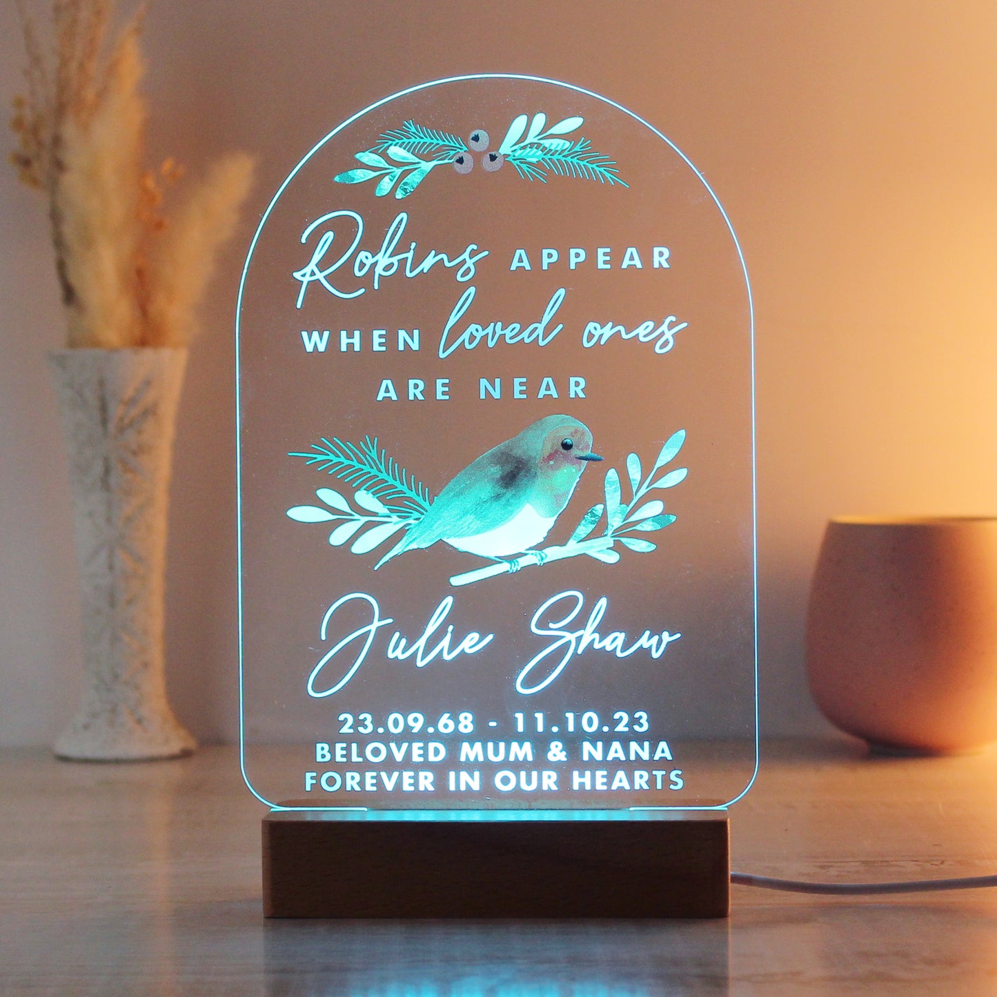Personalised Robins Appear Wooden Based LED Light - MK&JD Gifts