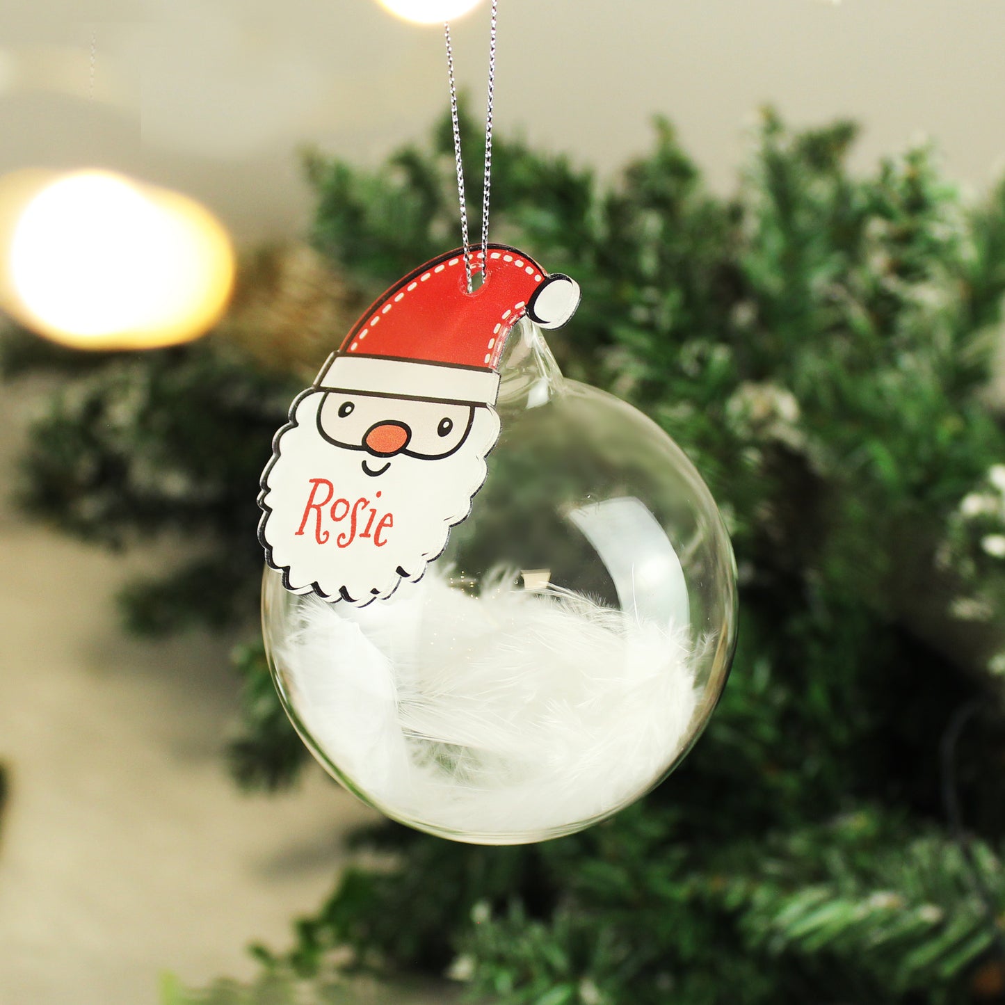 Personalised Red Santa Feather Glass Bauble - MK&JD Gifts