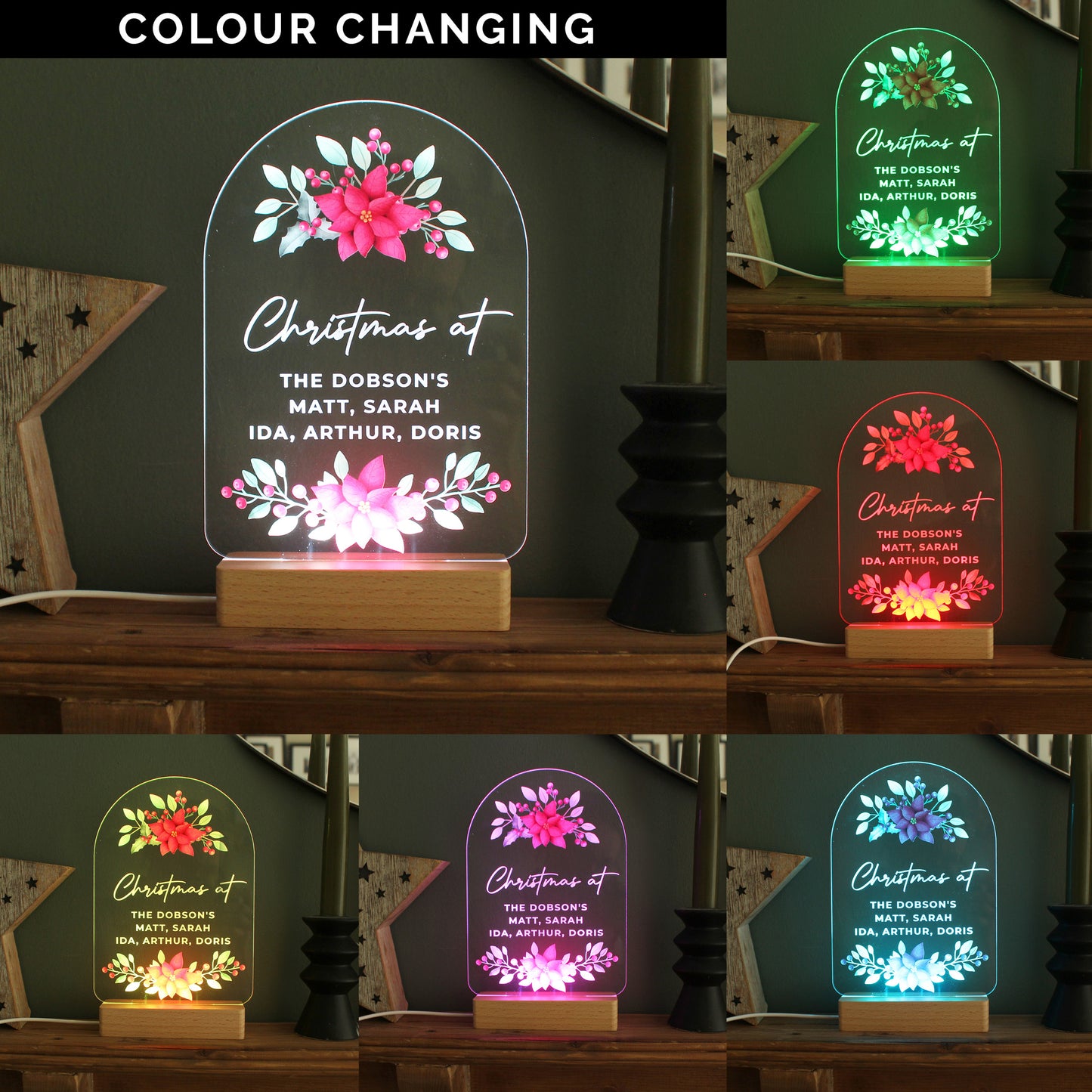 Personalised Christmas Poinsettia Wooden Based LED Light - MK&JD Gifts