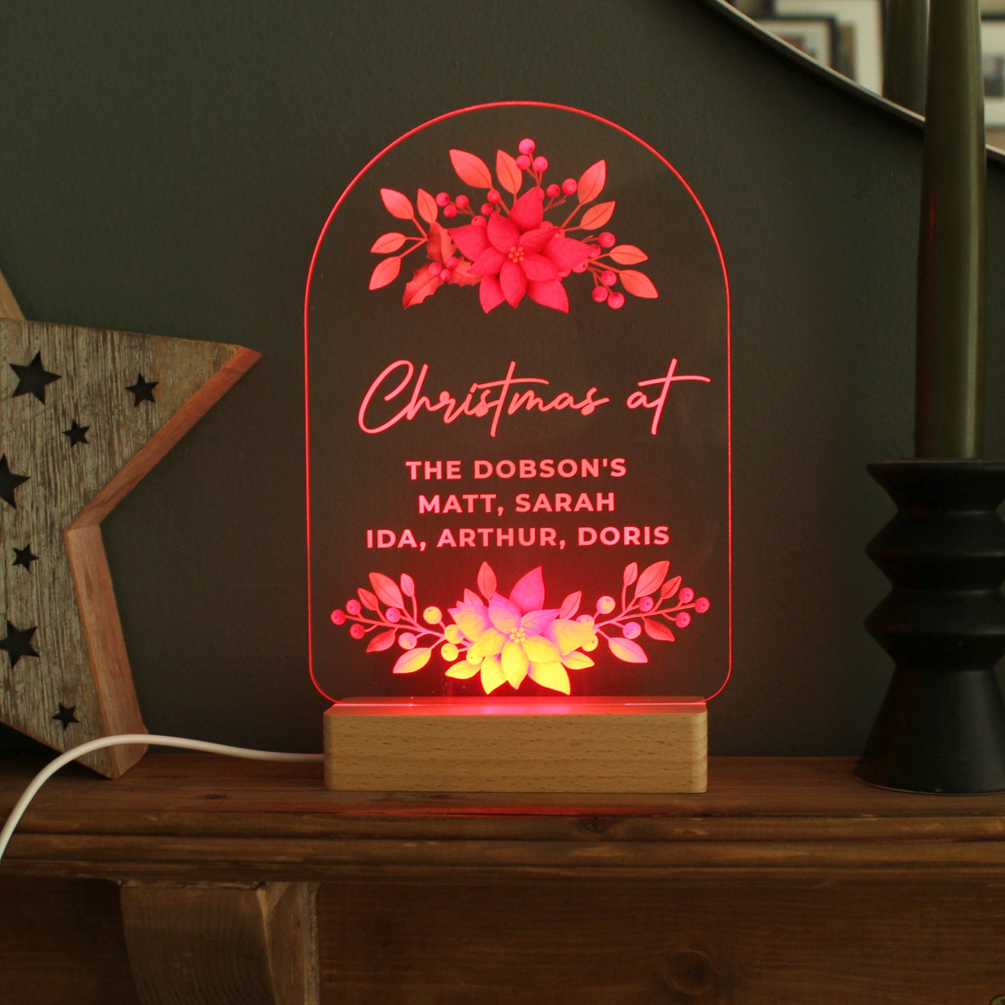 Personalised Christmas Poinsettia Wooden Based LED Light - MK&JD Gifts