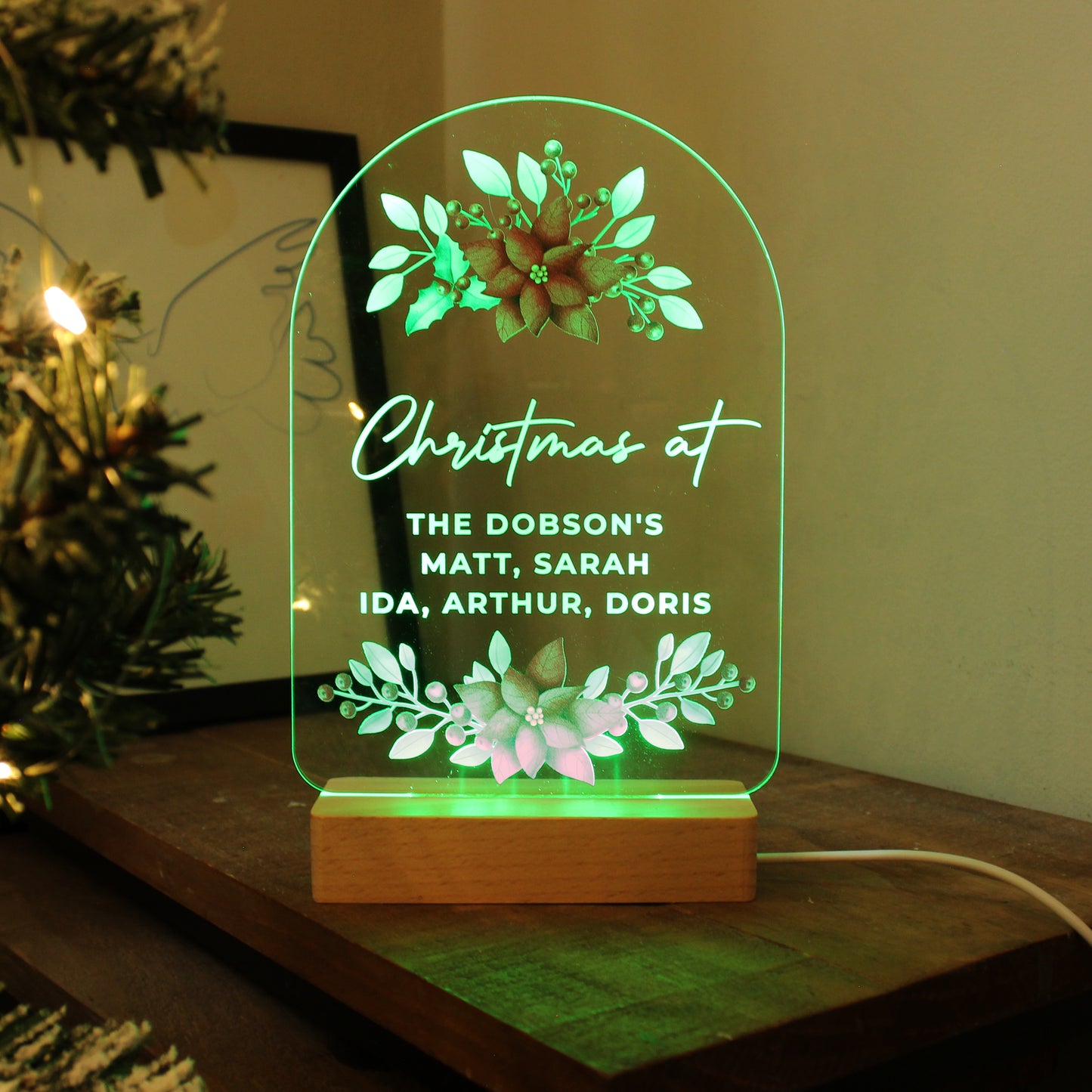 Personalised Christmas Poinsettia Wooden Based LED Light - MK&JD Gifts