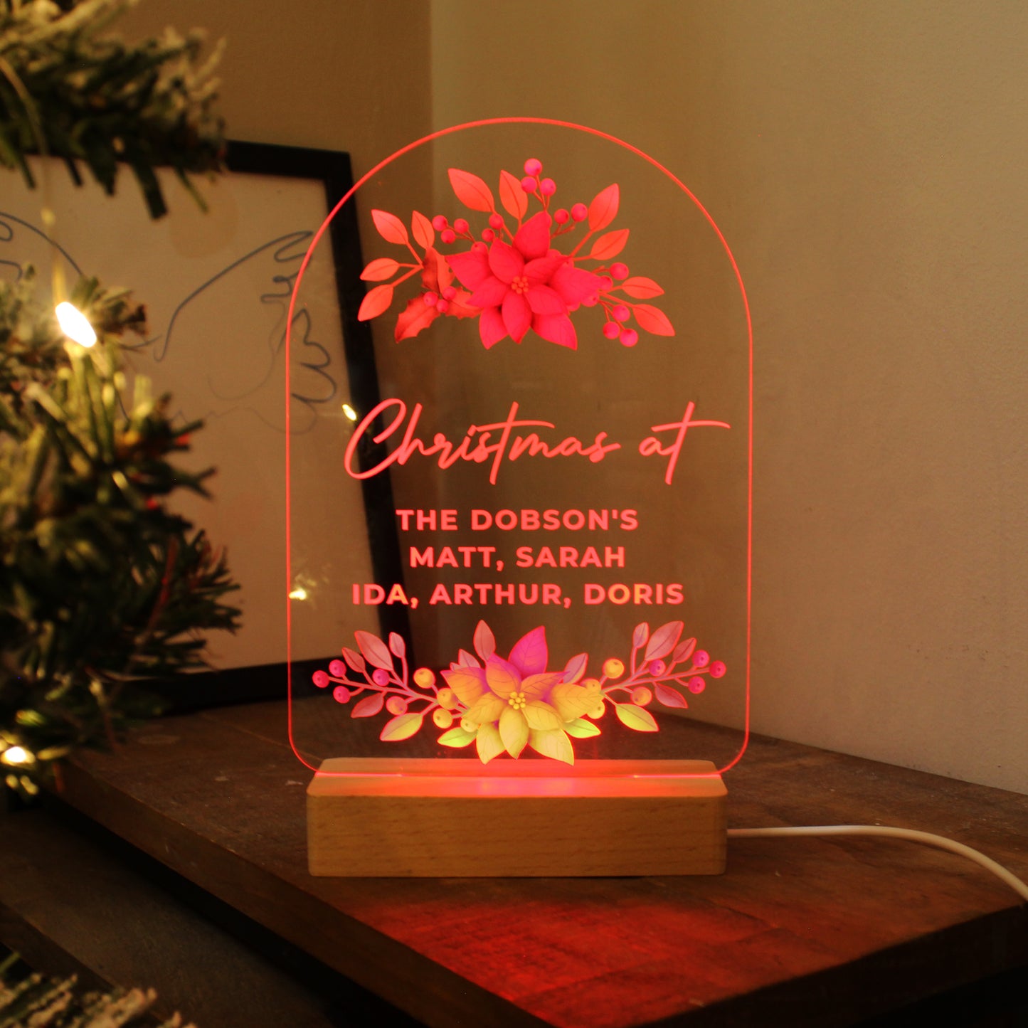 Personalised Christmas Poinsettia Wooden Based LED Light - MK&JD Gifts