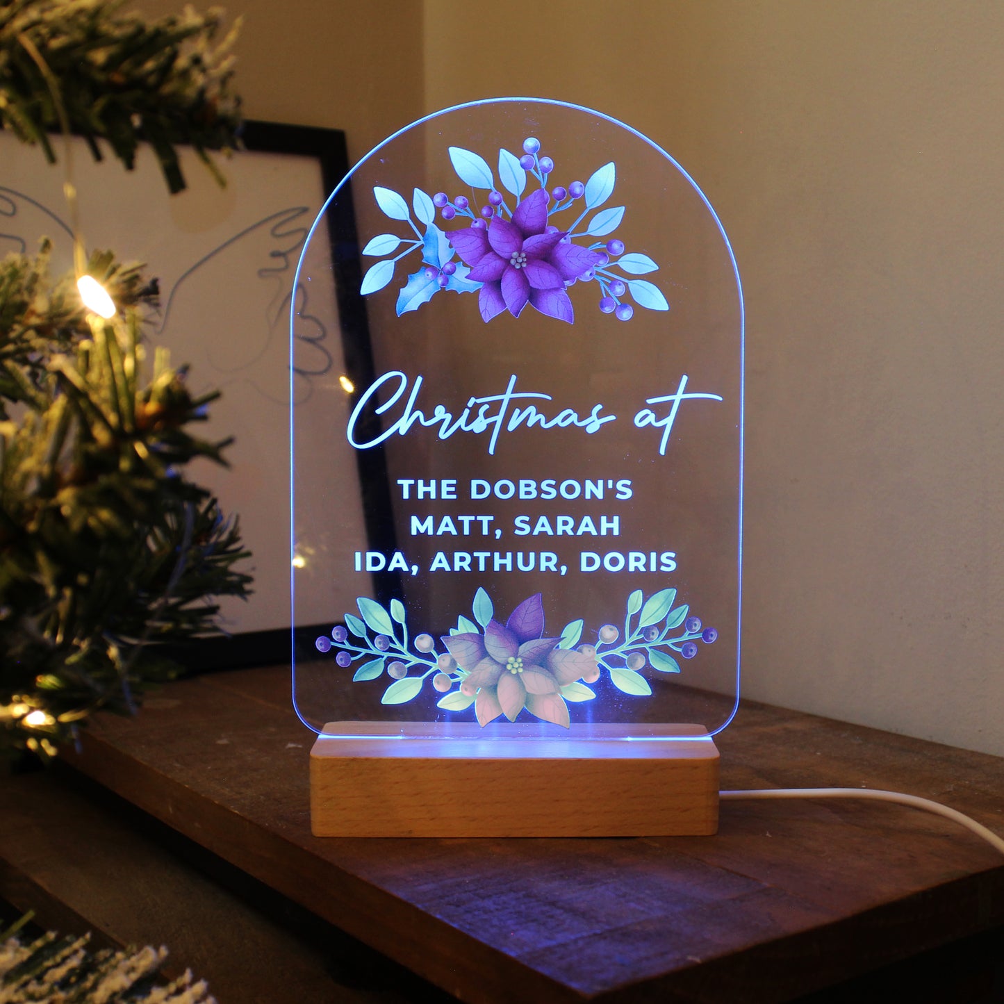 Personalised Christmas Poinsettia Wooden Based LED Light - MK&JD Gifts