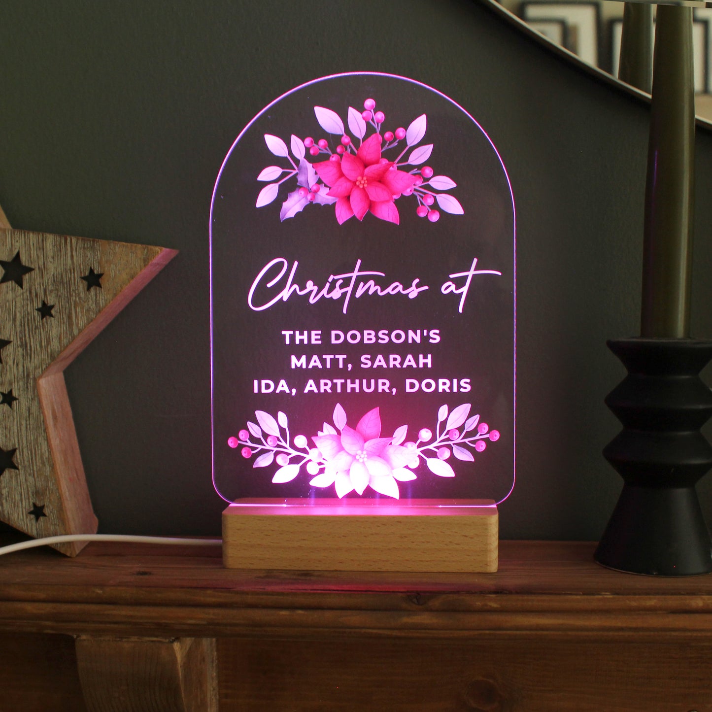 Personalised Christmas Poinsettia Wooden Based LED Light - MK&JD Gifts