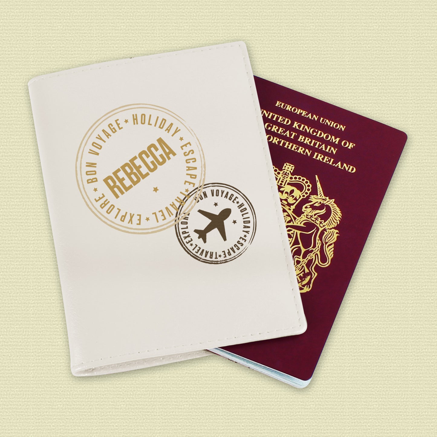 Personalised Stamped Cream Passport Holder - MK&JD Gifts