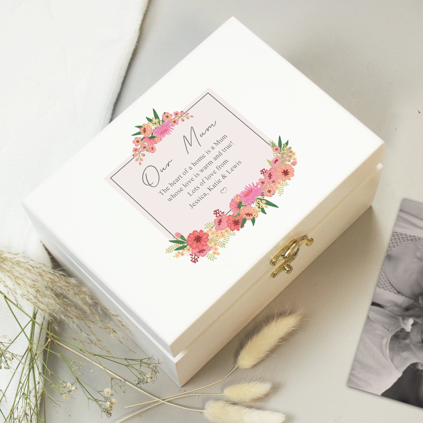 Personalised Floral Wishes White Wooden Keepsake Box - MK&JD Gifts