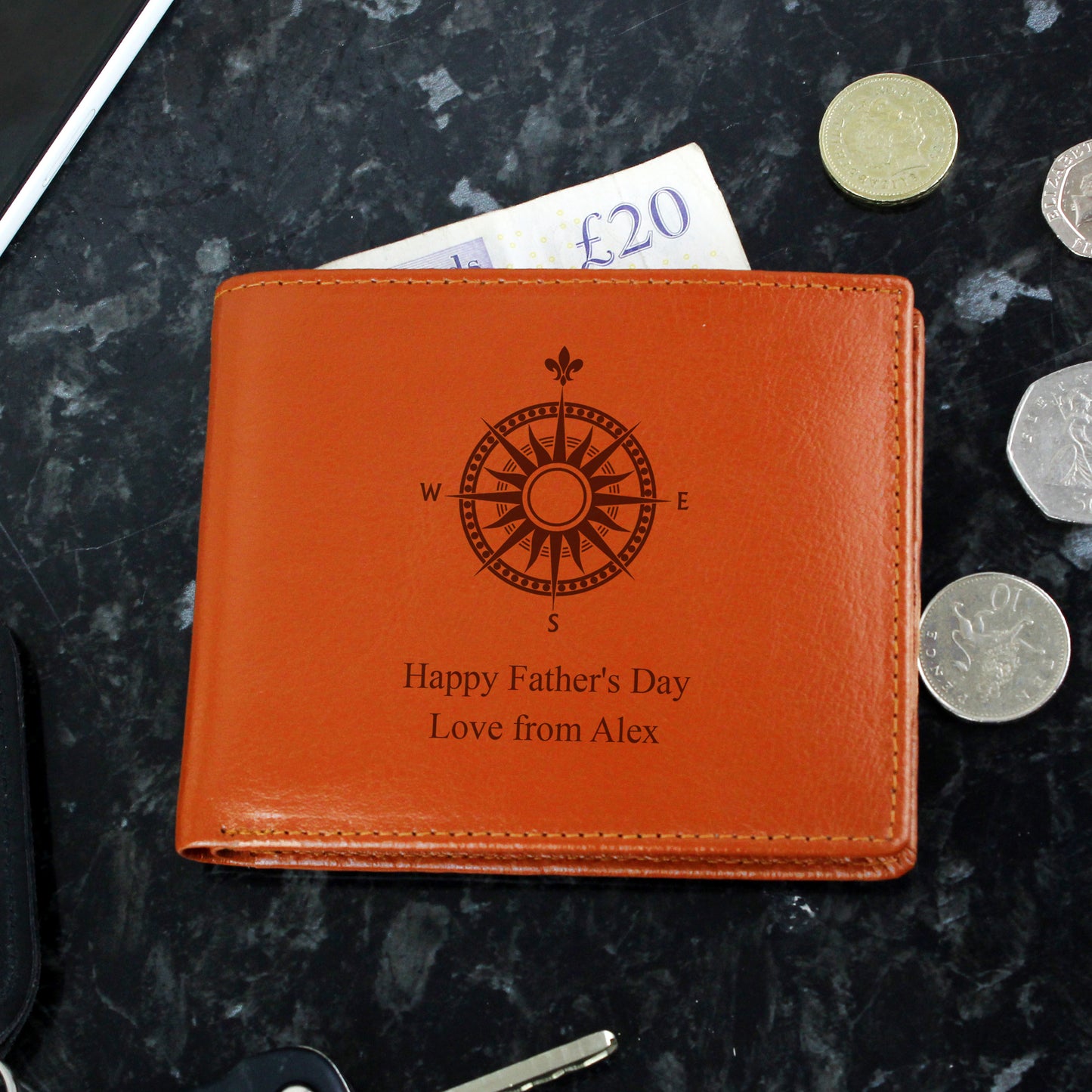 Personalised Compass Tan Leather Wallet - MK&JD Gifts