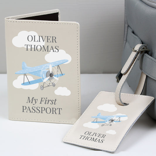 Personalised Blue Plane Passport Holder & Luggage Tag Set - MK&JD Gifts