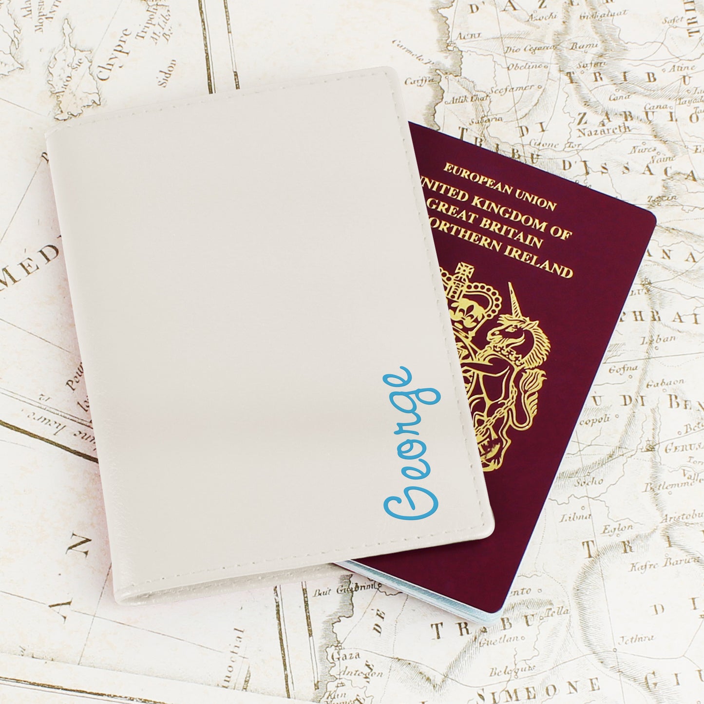 Personalised Blue Name Cream Passport Holder - MK&JD Gifts