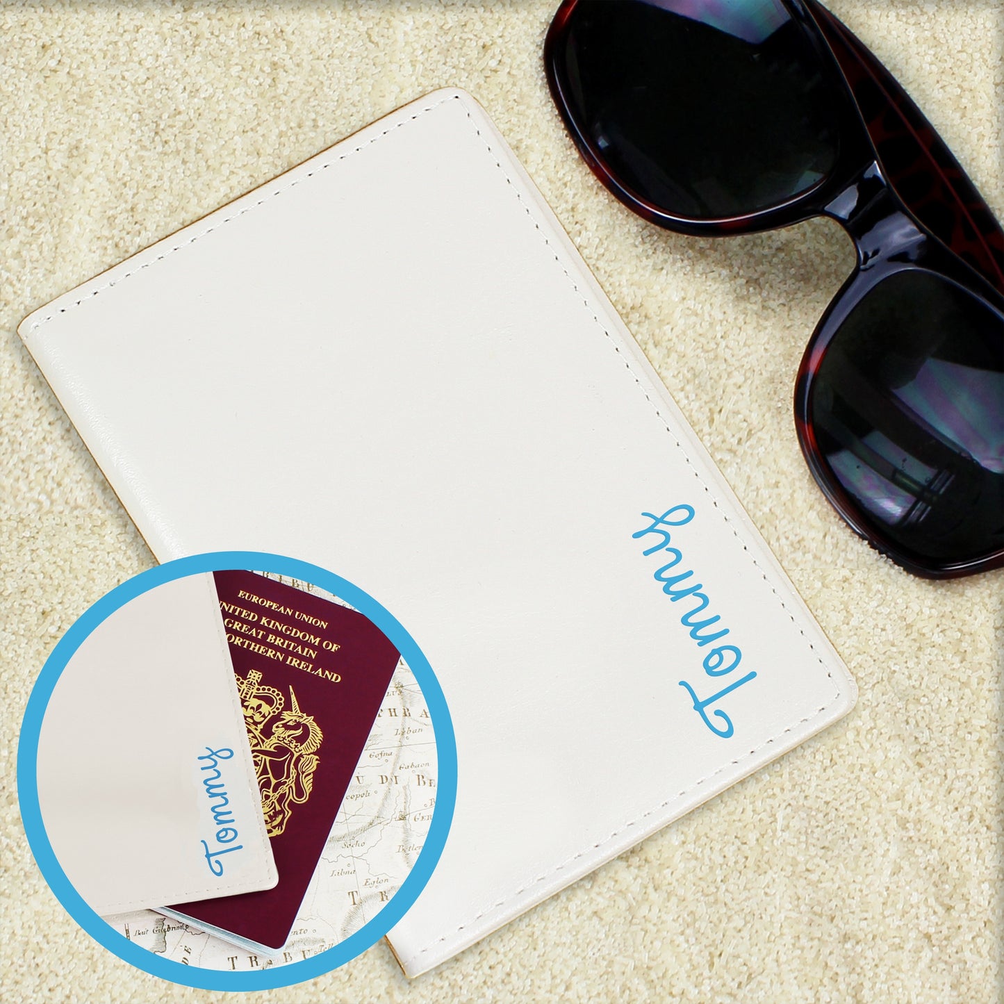 Personalised Blue Name Cream Passport Holder - MK&JD Gifts