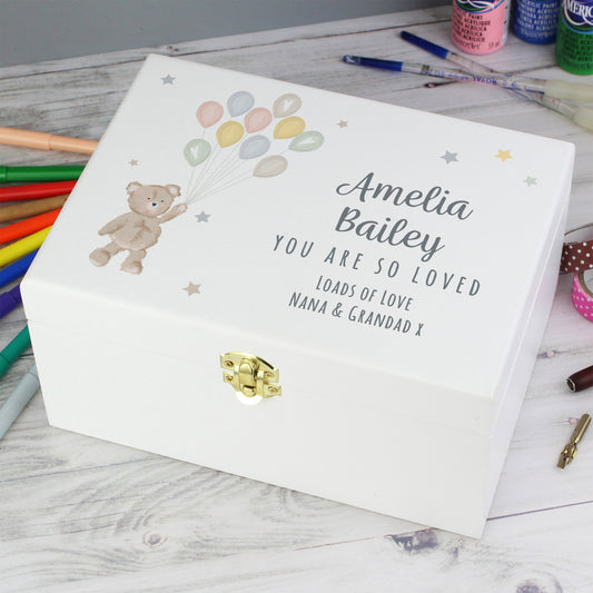 Personalised Teddy & Balloons White Wooden Keepsake Box - MK&JD Gifts