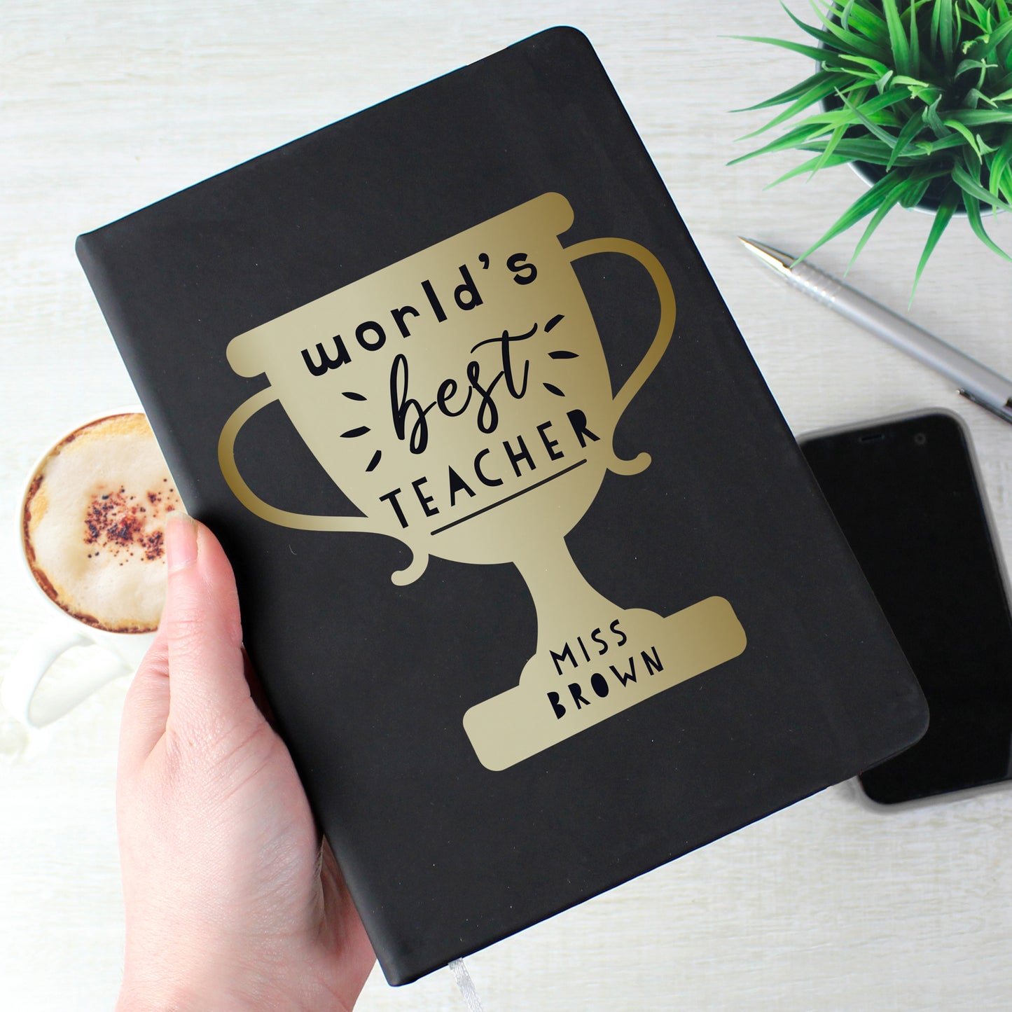 Personalised Worlds Best Teacher Trophy Black Hardback Notebook - MK&JD Gifts