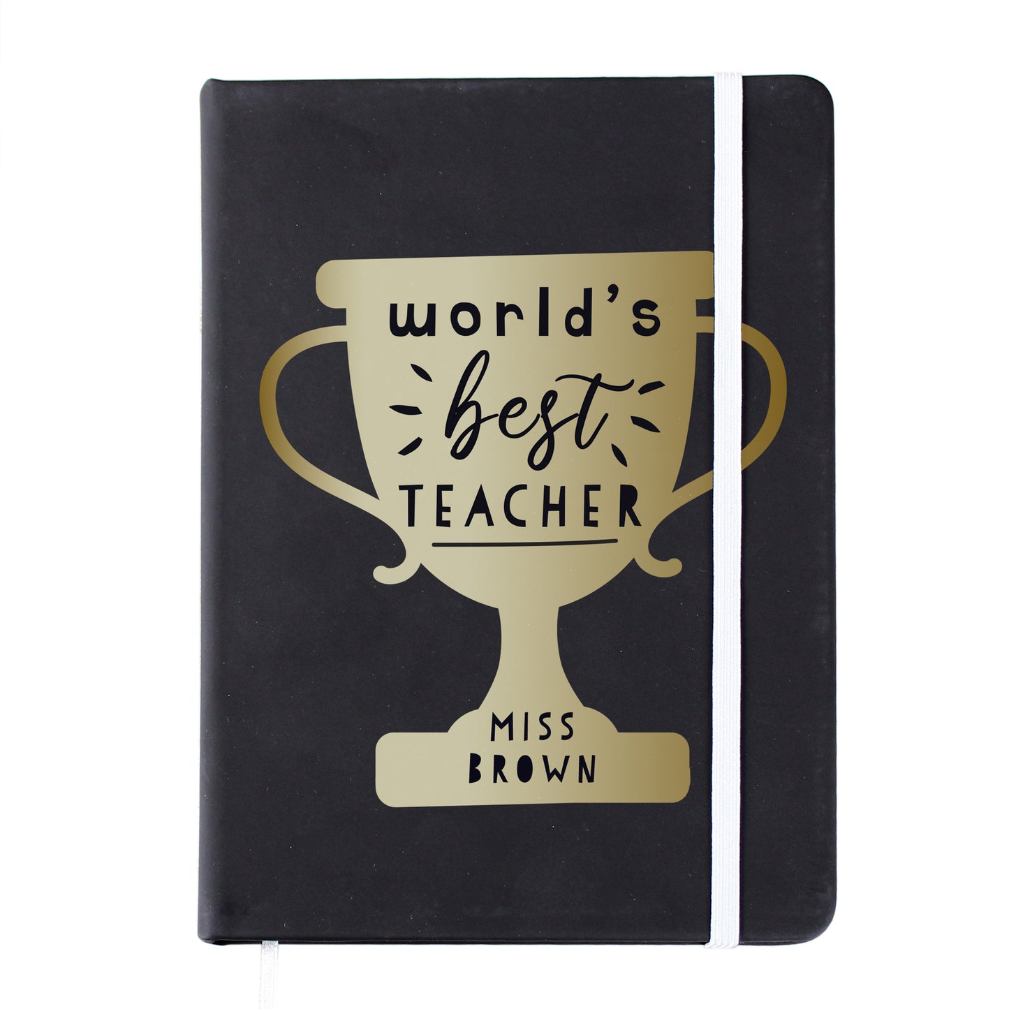 Personalised Worlds Best Teacher Trophy Black Hardback Notebook - MK&JD Gifts