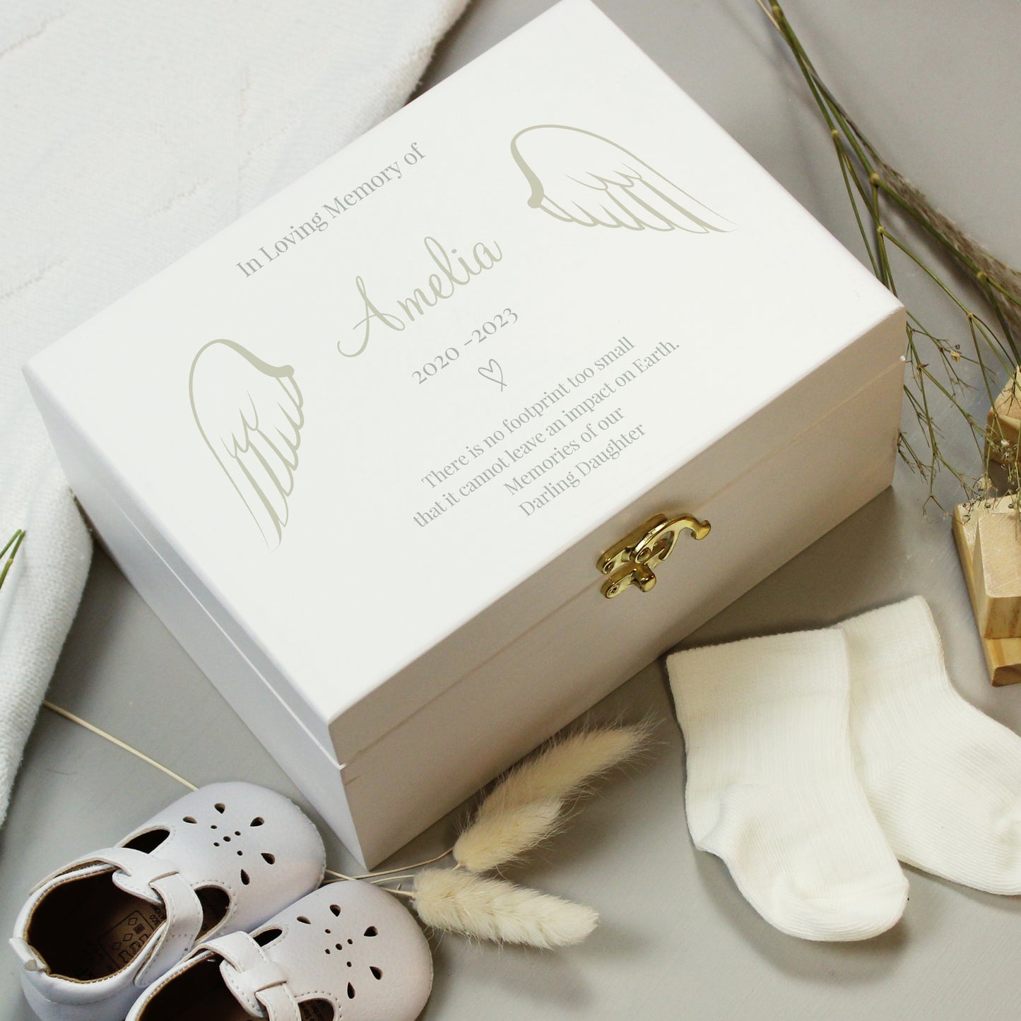 Personalised Angel Wings Memorial White Wooden Box - MK&JD Gifts