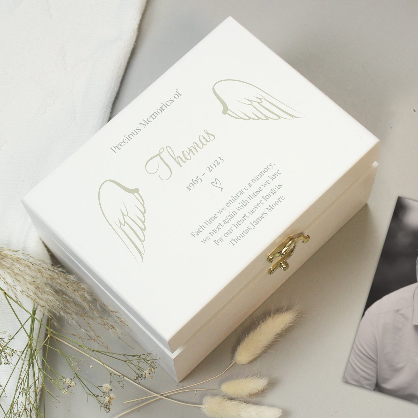 Personalised Angel Wings Memorial White Wooden Box - MK&JD Gifts
