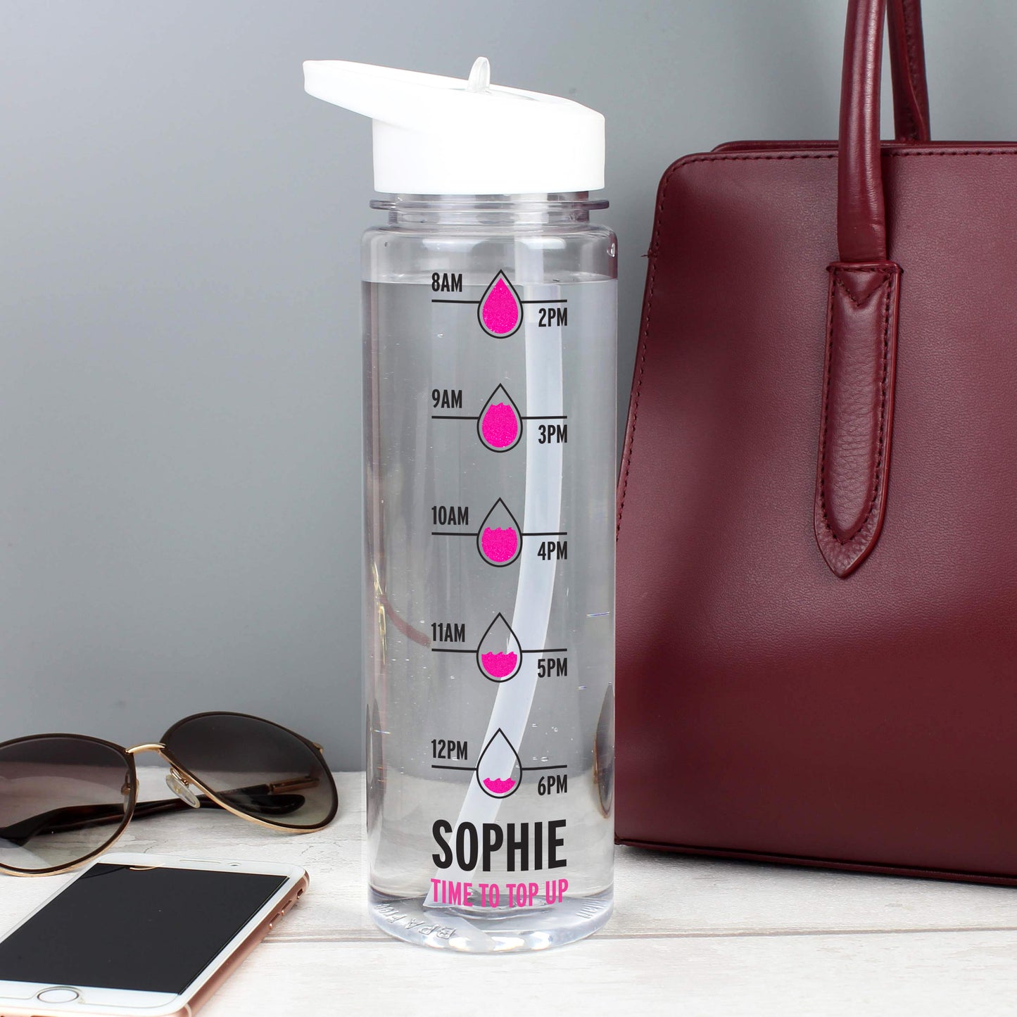 Personalised Pink 'Hydration Tracker' Water Bottle - MK&JD Gifts