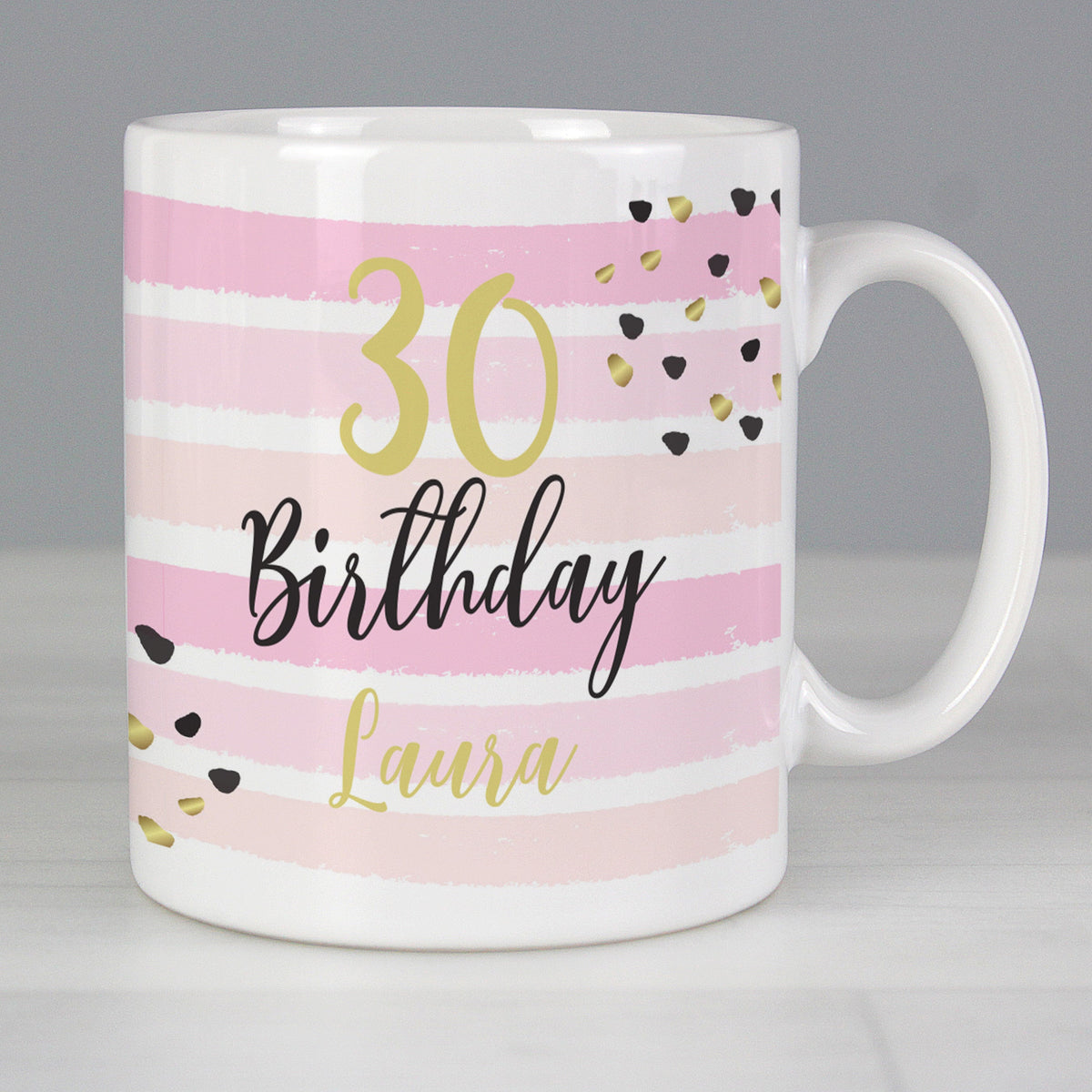 Personalised Birthday Gold and Pink Stripe Mug - MK&JD Gifts collection cover
