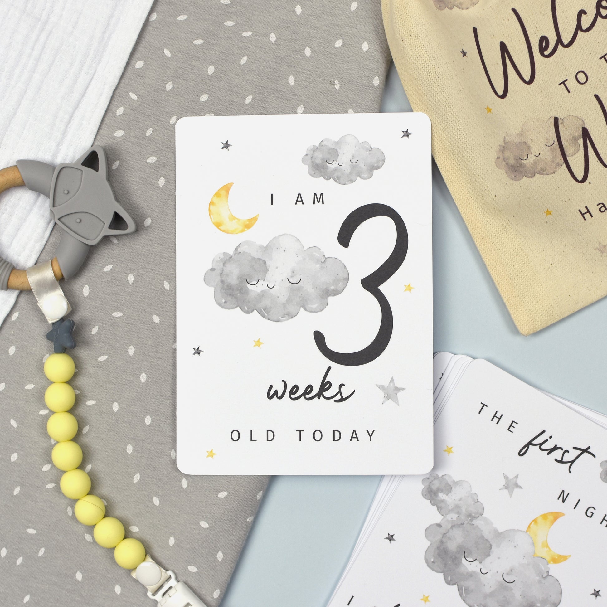 Personalised Cloud Baby Milestone Cards In Drawstring Bag - MK&JD Gifts