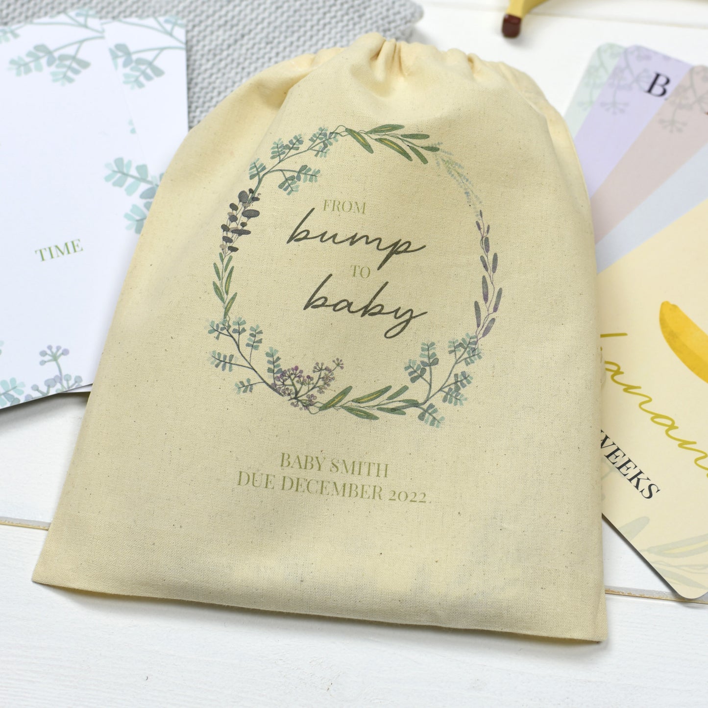Personalised Bump to Baby Milestone Cards in Drawstring Bag - MK&JD Gifts