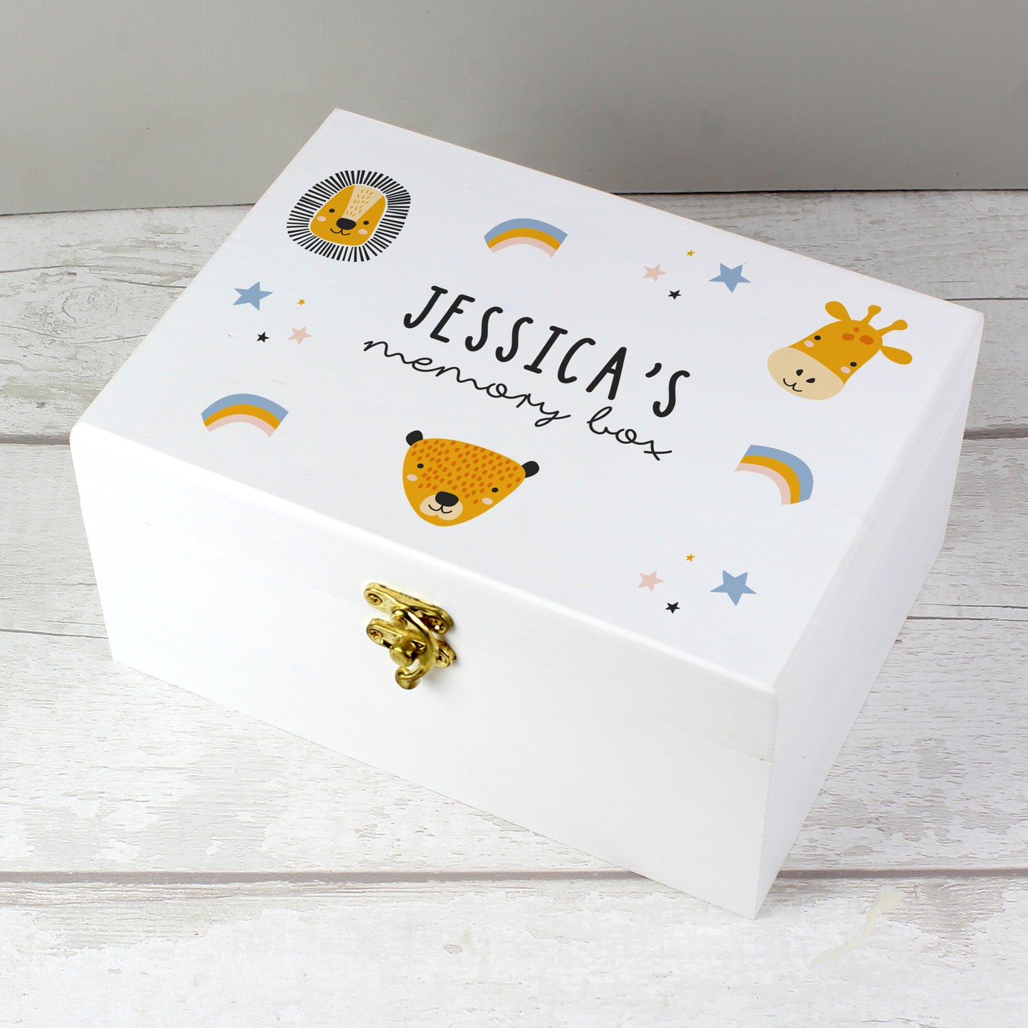 Personalised Safari Animals White Wooden Keepsake Box - MK&JD Gifts