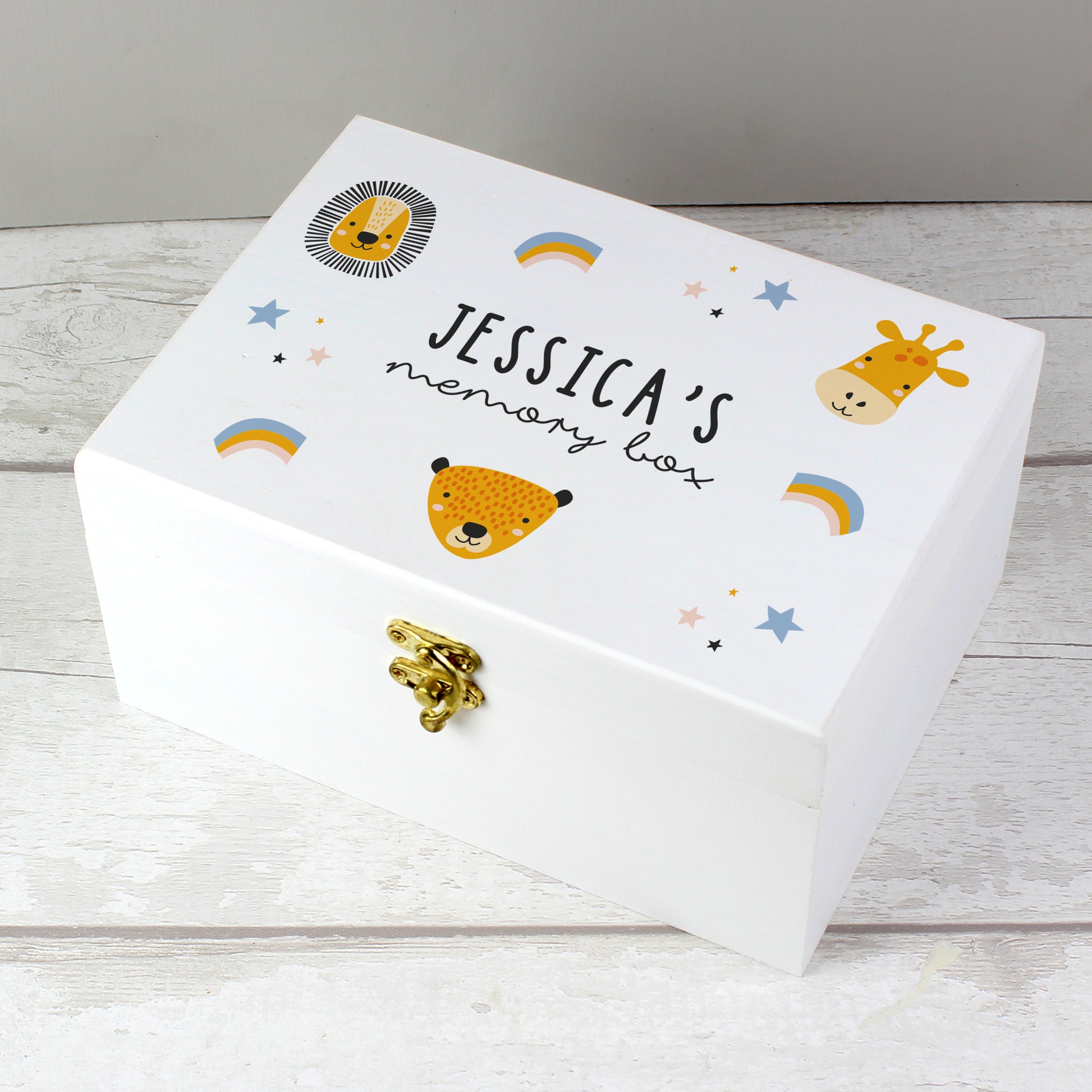 Personalised Safari Animals White Wooden Keepsake Box - MK&JD Gifts