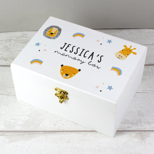 Personalised Safari Animals White Wooden Keepsake Box - MK&JD Gifts