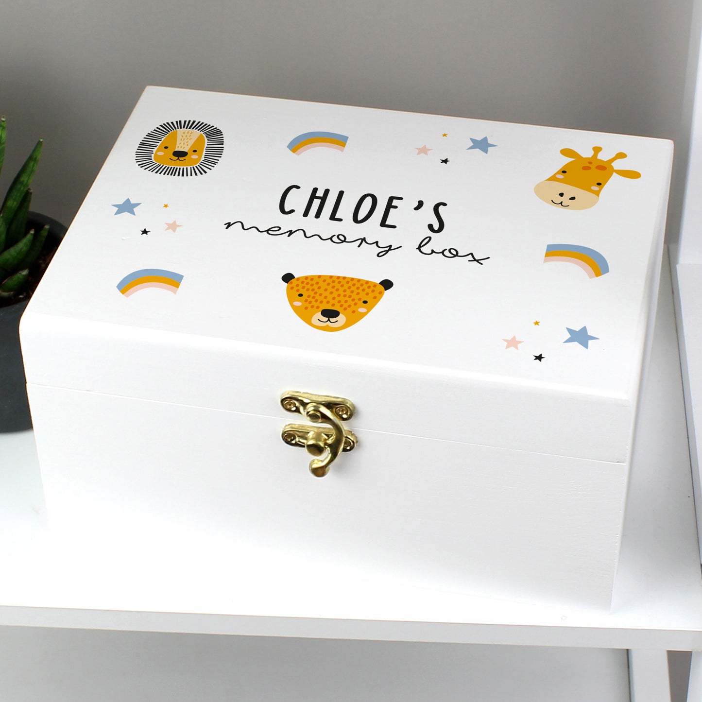 Personalised Safari Animals White Wooden Keepsake Box - MK&JD Gifts