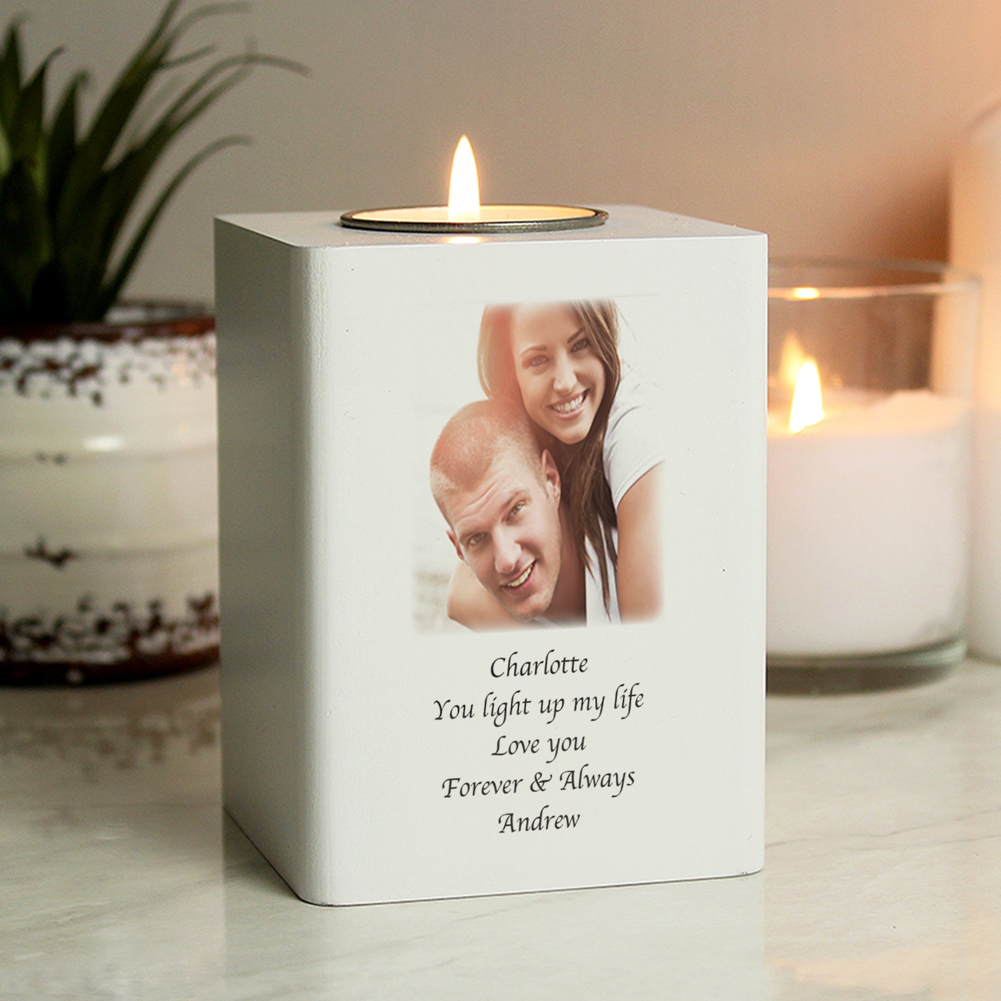 Personalised Photo Upload White Wooden Tea light Holder - MK&JD Gifts