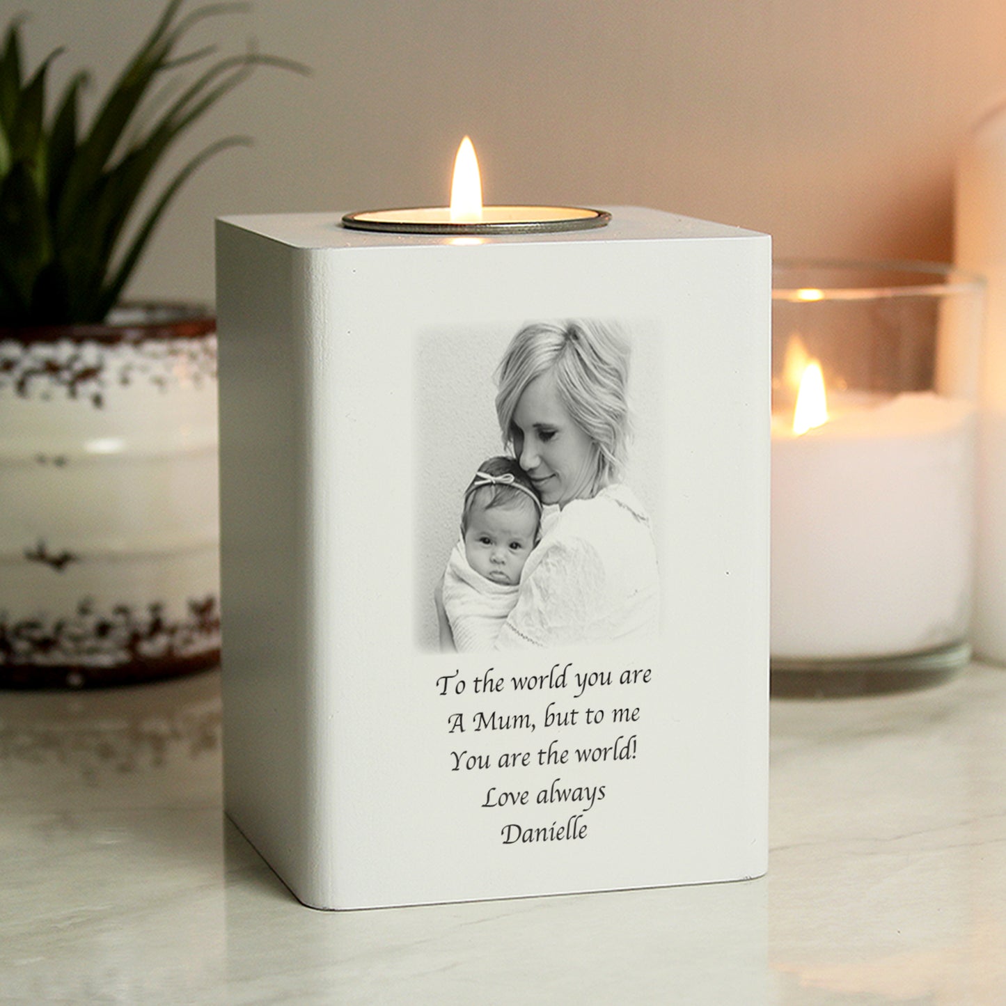 Personalised Photo Upload White Wooden Tea light Holder - MK&JD Gifts