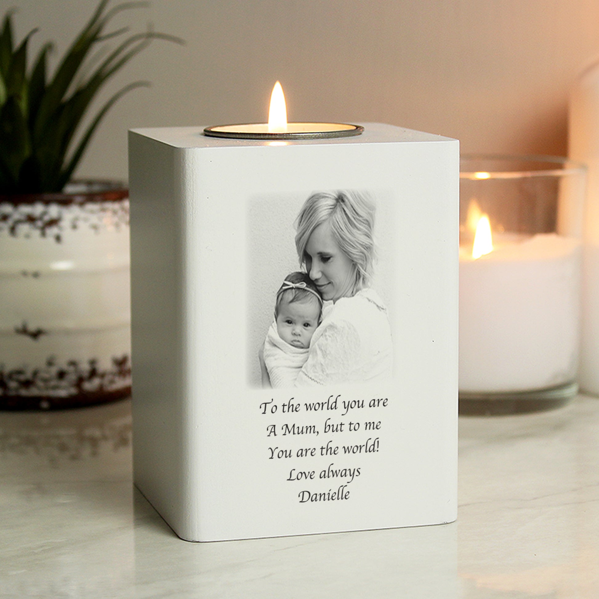 Personalised Photo Upload White Wooden Tea light Holder - MK&JD Gifts