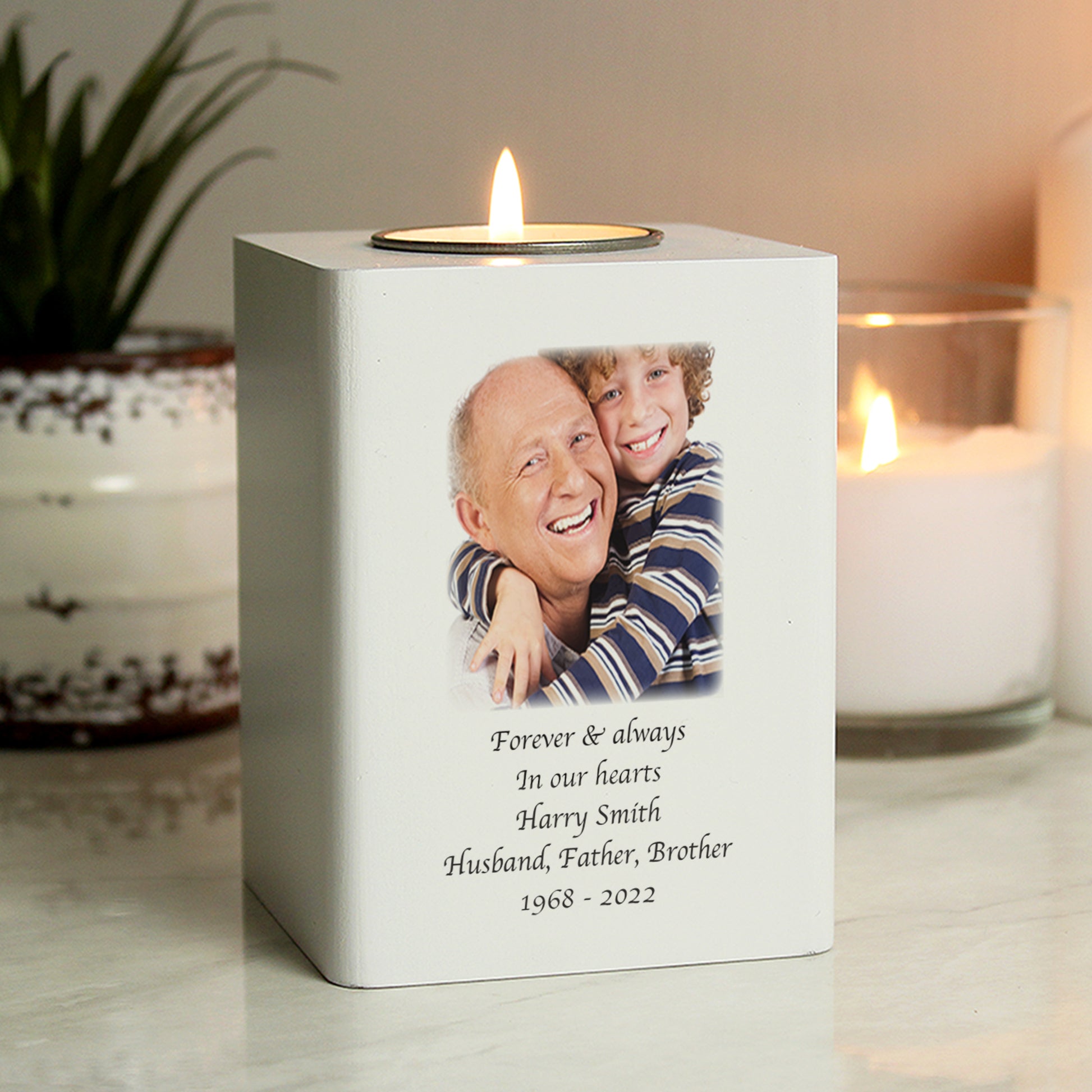 Personalised Photo Upload White Wooden Tea light Holder - MK&JD Gifts