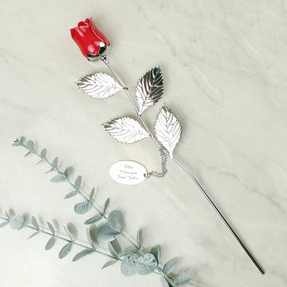 Personalised Free Text Silver Plated Red Rose - MK&JD Gifts